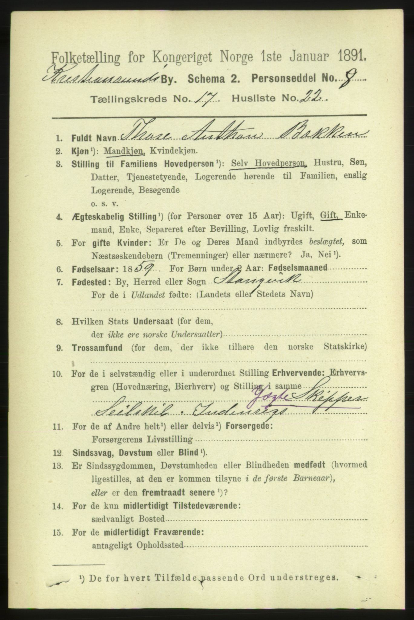 RA, 1891 census for 1503 Kristiansund, 1891, p. 11822