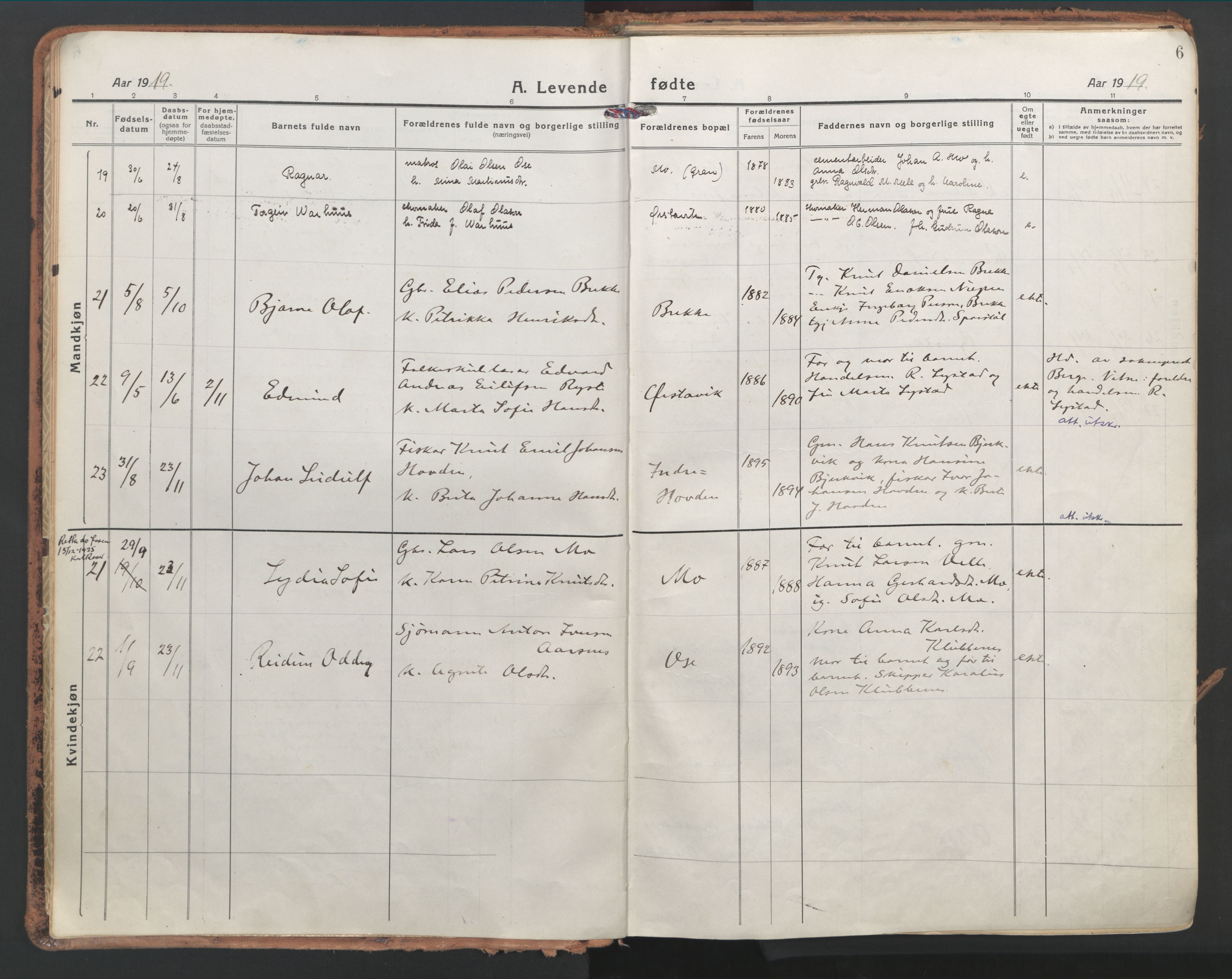 Ministerialprotokoller, klokkerbøker og fødselsregistre - Møre og Romsdal, AV/SAT-A-1454/513/L0180: Parish register (official) no. 513A07, 1919-1929, p. 6