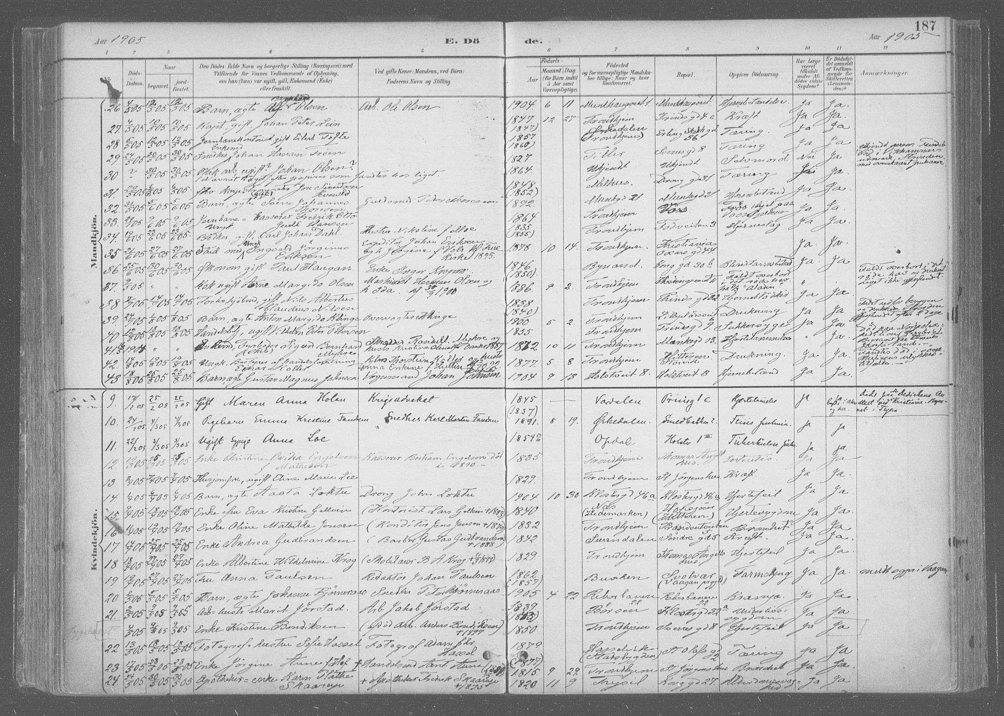 Ministerialprotokoller, klokkerbøker og fødselsregistre - Sør-Trøndelag, AV/SAT-A-1456/601/L0064: Parish register (official) no. 601A31, 1891-1911, p. 187