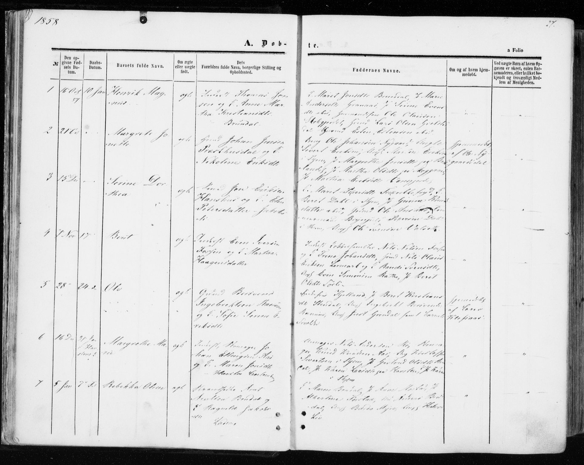 Ministerialprotokoller, klokkerbøker og fødselsregistre - Sør-Trøndelag, SAT/A-1456/606/L0292: Parish register (official) no. 606A07, 1856-1865, p. 27