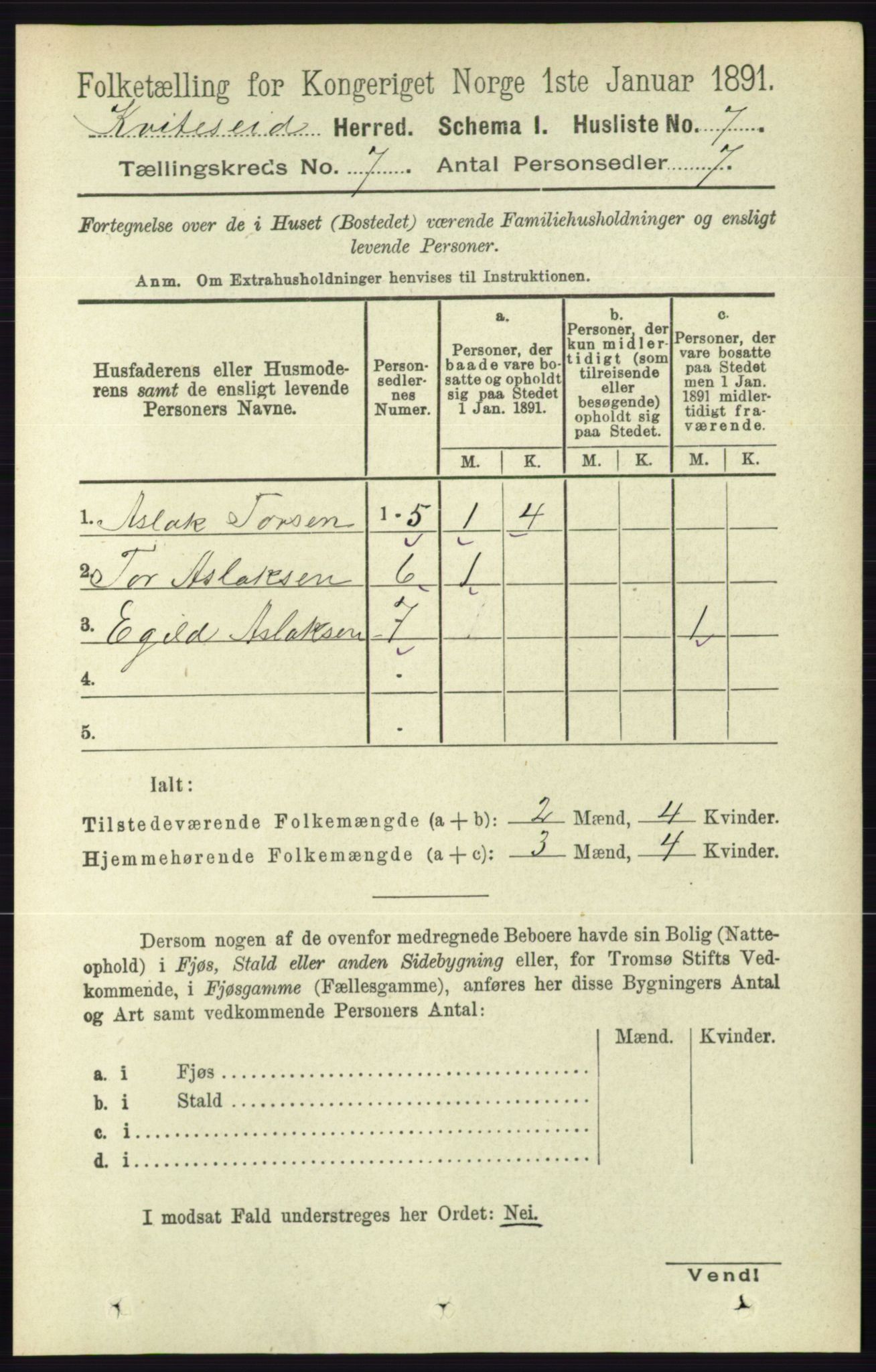 RA, 1891 census for 0829 Kviteseid, 1891, p. 1336