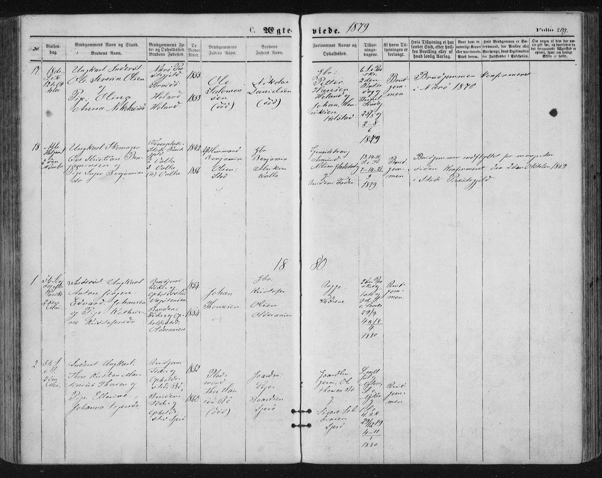 Ministerialprotokoller, klokkerbøker og fødselsregistre - Nordland, SAT/A-1459/816/L0241: Parish register (official) no. 816A07, 1870-1885, p. 209