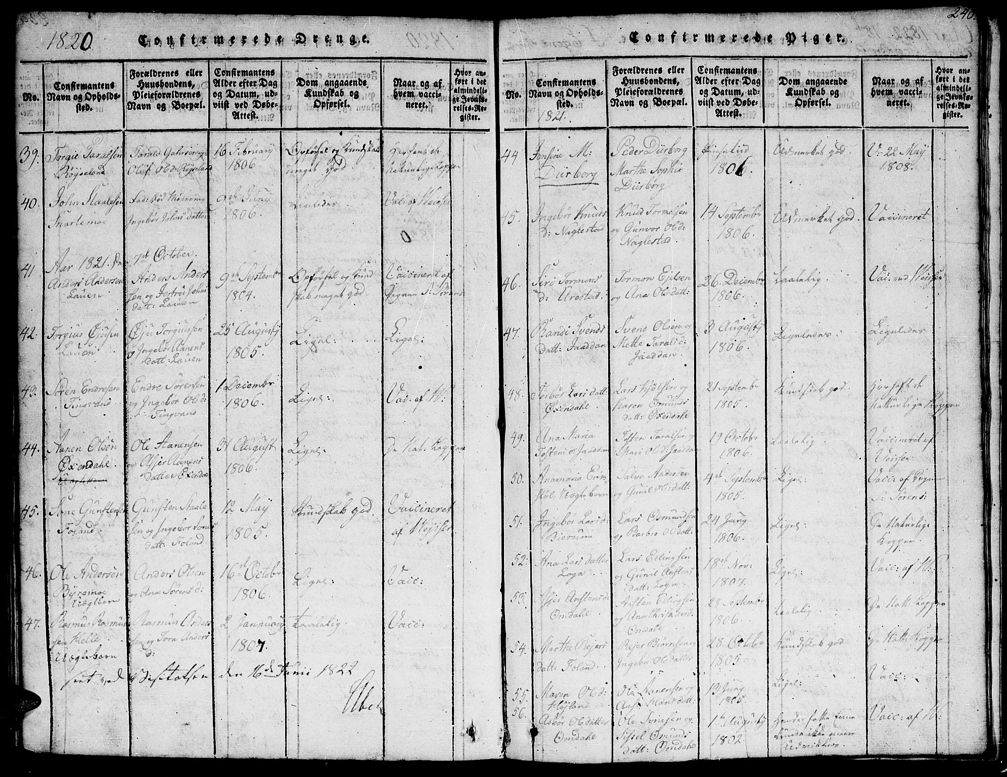 Hægebostad sokneprestkontor, AV/SAK-1111-0024/F/Fb/Fba/L0001: Parish register (copy) no. B 1, 1815-1844, p. 240