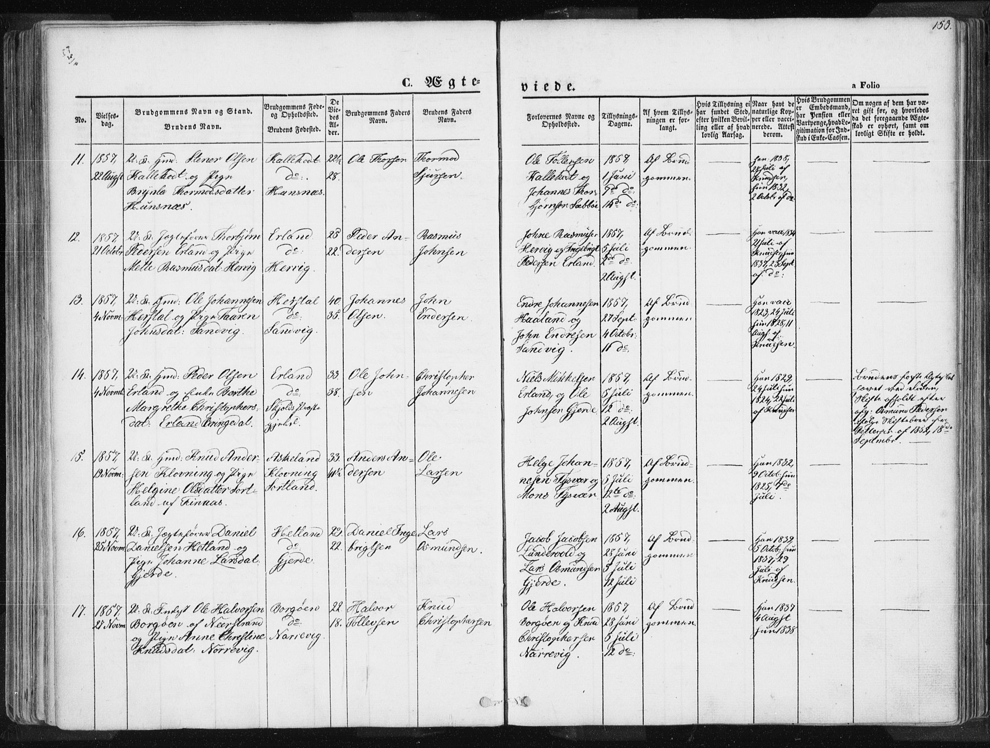 Tysvær sokneprestkontor, AV/SAST-A -101864/H/Ha/Haa/L0003: Parish register (official) no. A 3, 1856-1865, p. 153