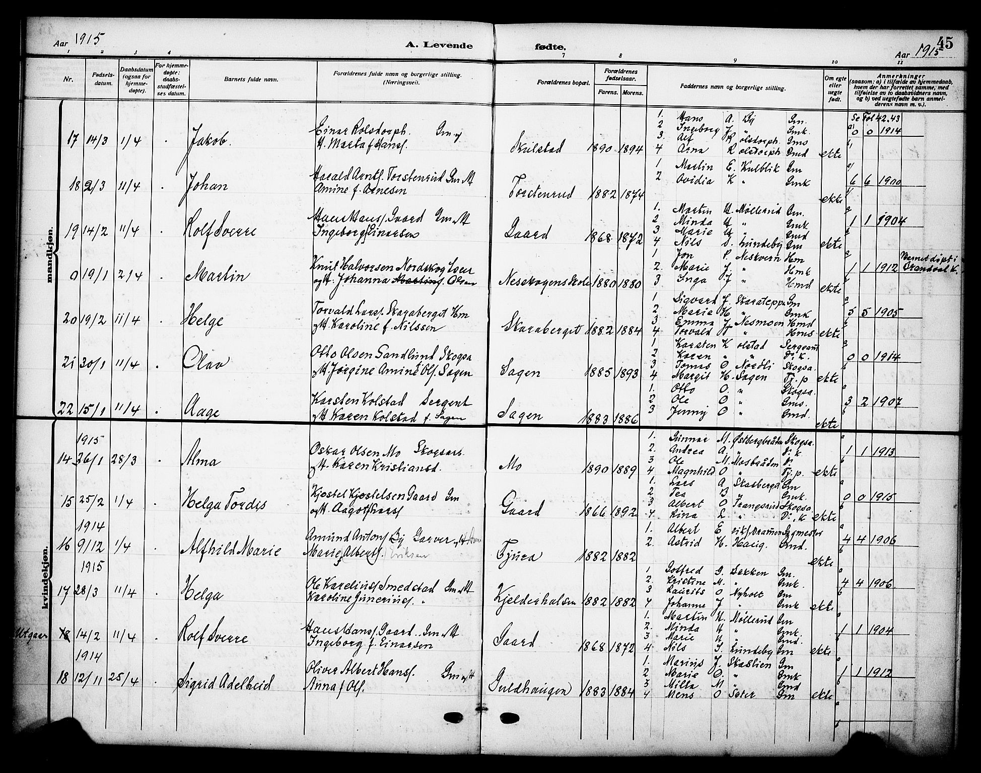 Grue prestekontor, AV/SAH-PREST-036/H/Ha/Haa/L0015: Parish register (official) no. 15, 1911-1922, p. 45