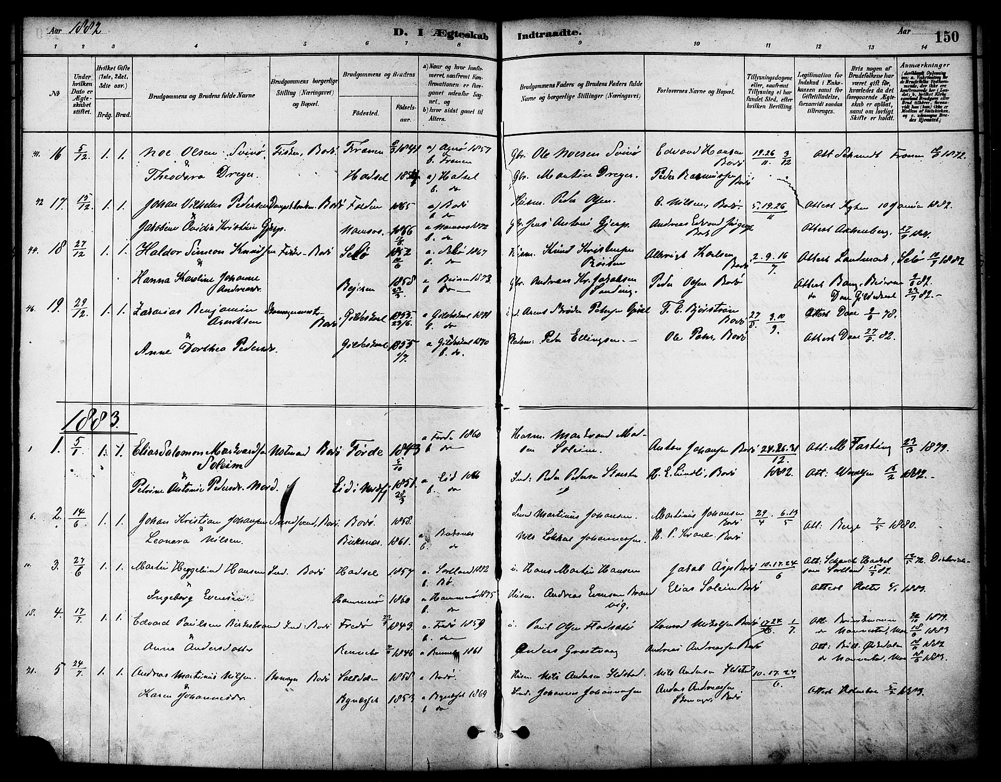 Ministerialprotokoller, klokkerbøker og fødselsregistre - Nordland, SAT/A-1459/801/L0030: Parish register (copy) no. 801C05, 1879-1887, p. 150