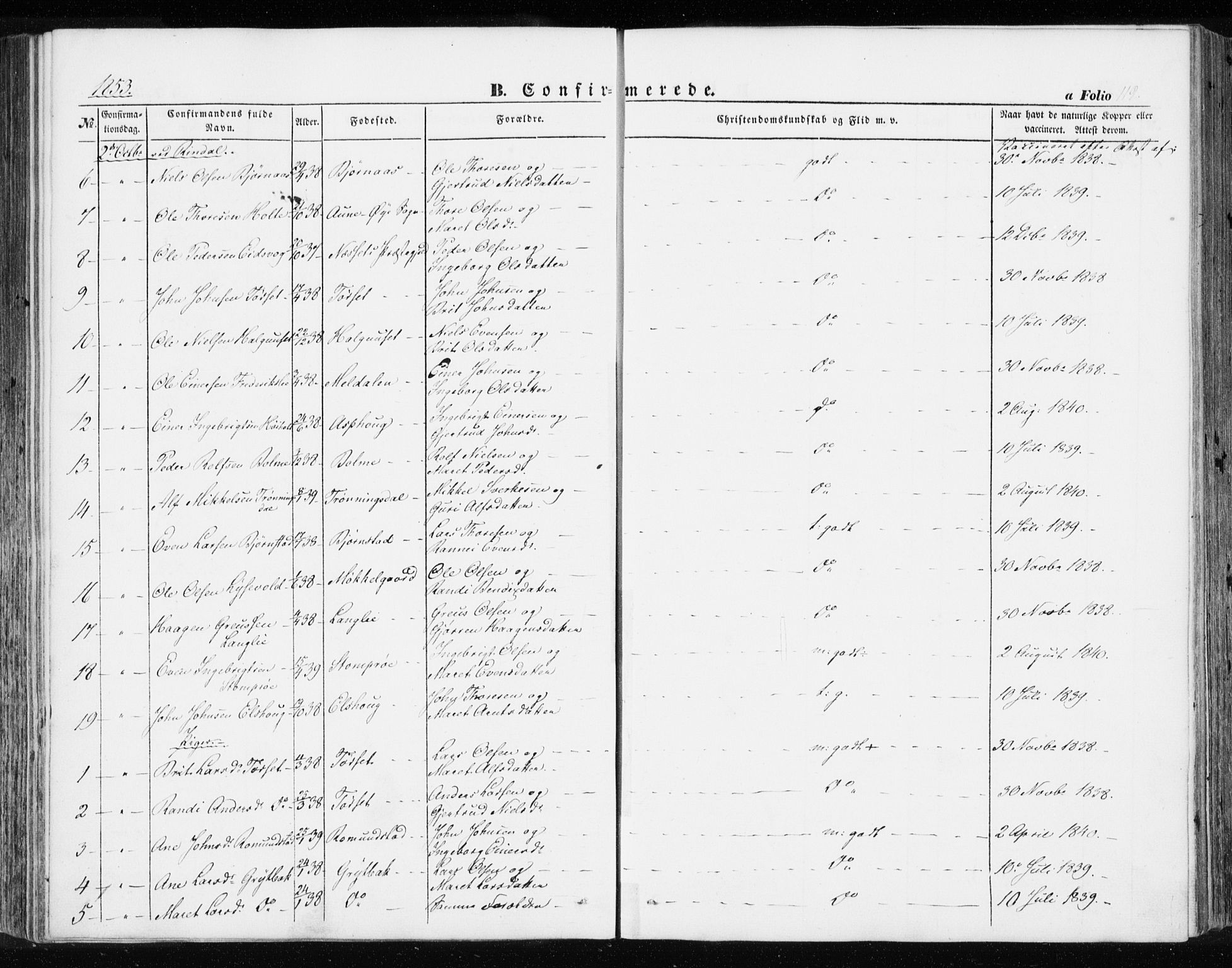 Ministerialprotokoller, klokkerbøker og fødselsregistre - Møre og Romsdal, SAT/A-1454/595/L1044: Parish register (official) no. 595A06, 1852-1863, p. 119