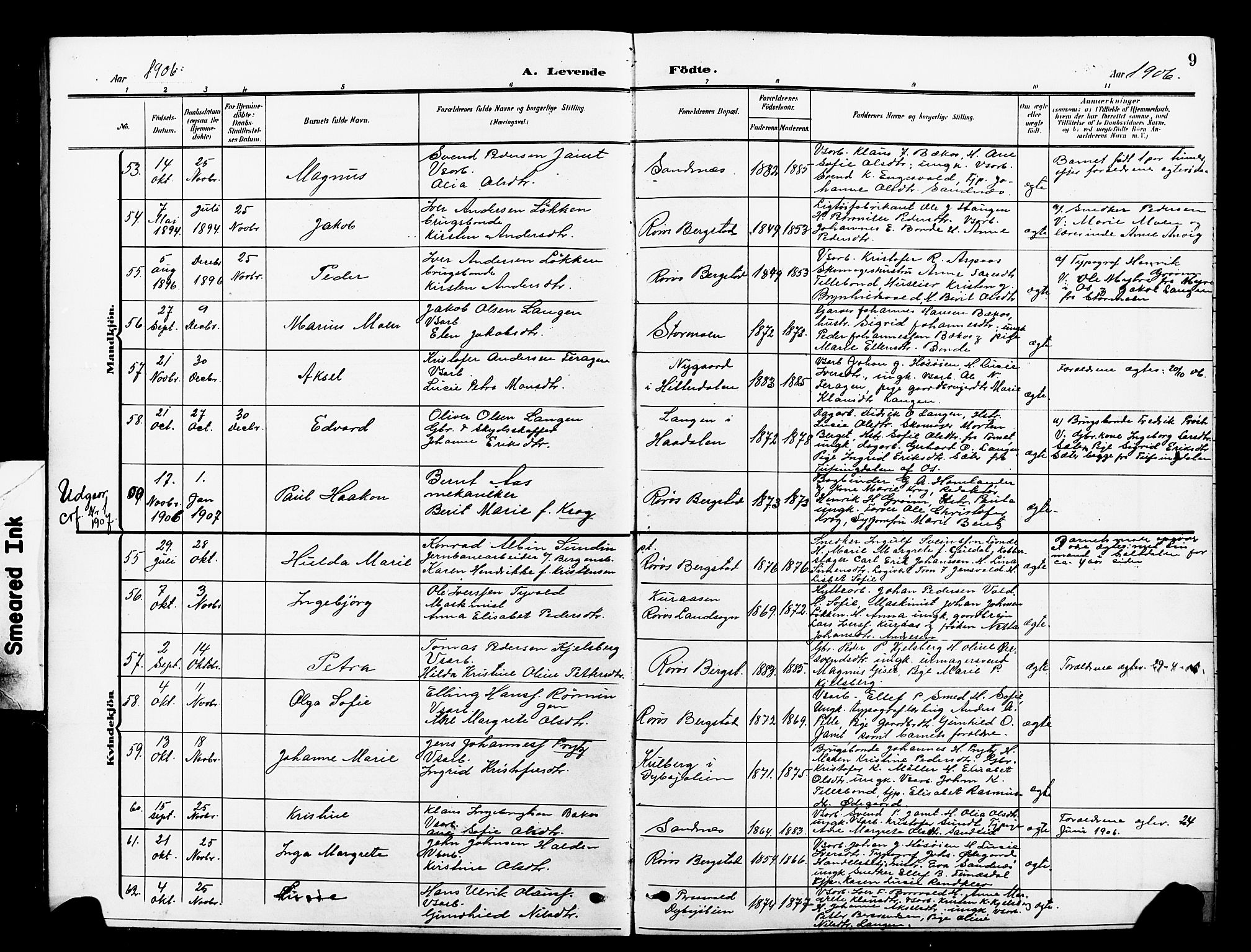 Ministerialprotokoller, klokkerbøker og fødselsregistre - Sør-Trøndelag, AV/SAT-A-1456/681/L0942: Parish register (copy) no. 681C06, 1906-1925, p. 9