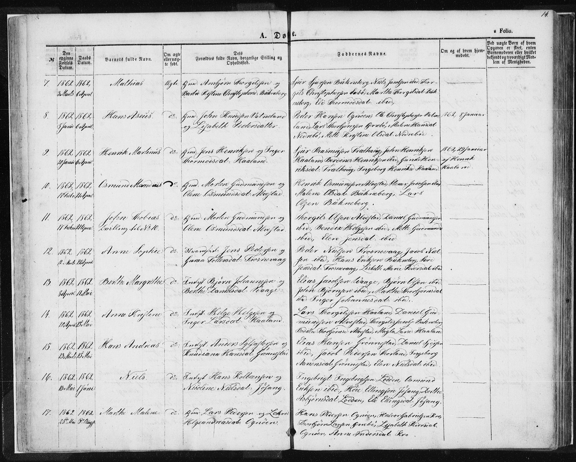 Tysvær sokneprestkontor, AV/SAST-A -101864/H/Ha/Haa/L0004: Parish register (official) no. A 4, 1857-1878, p. 14