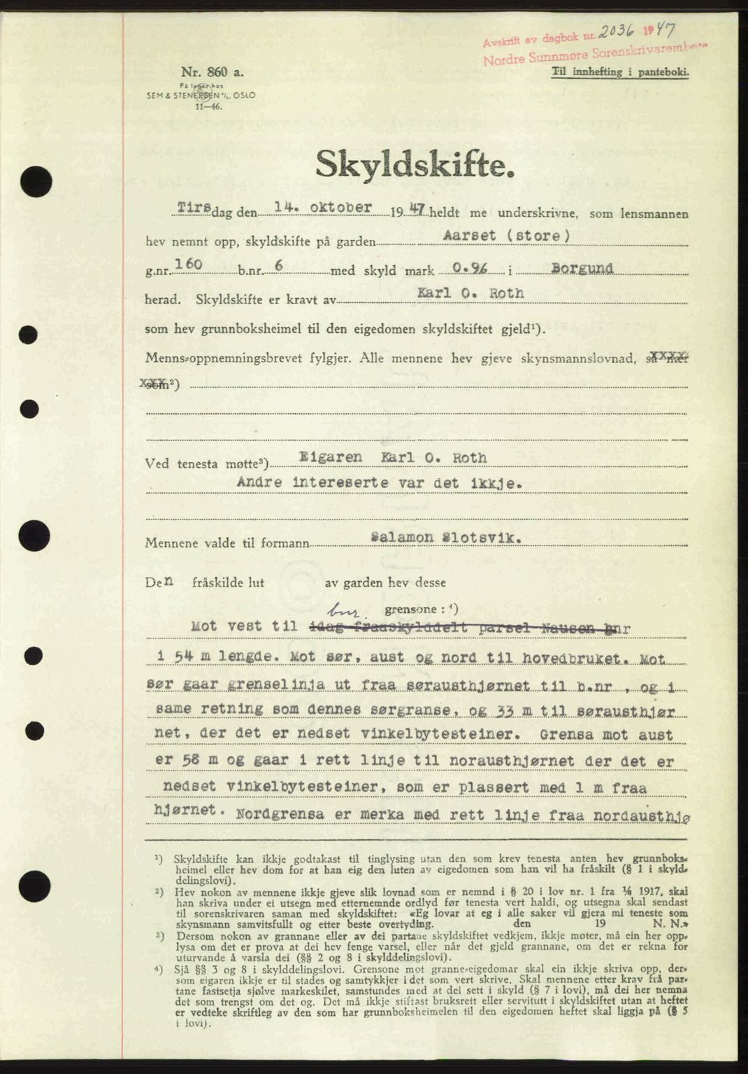 Nordre Sunnmøre sorenskriveri, AV/SAT-A-0006/1/2/2C/2Ca: Mortgage book no. A26, 1947-1948, Diary no: : 2036/1947