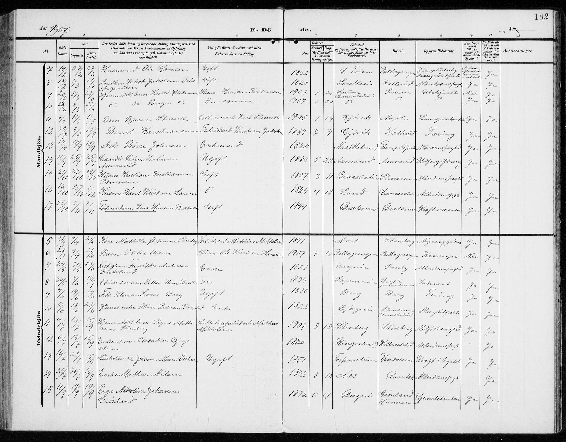 Vardal prestekontor, SAH/PREST-100/H/Ha/Haa/L0016: Parish register (official) no. 16, 1904-1916, p. 182