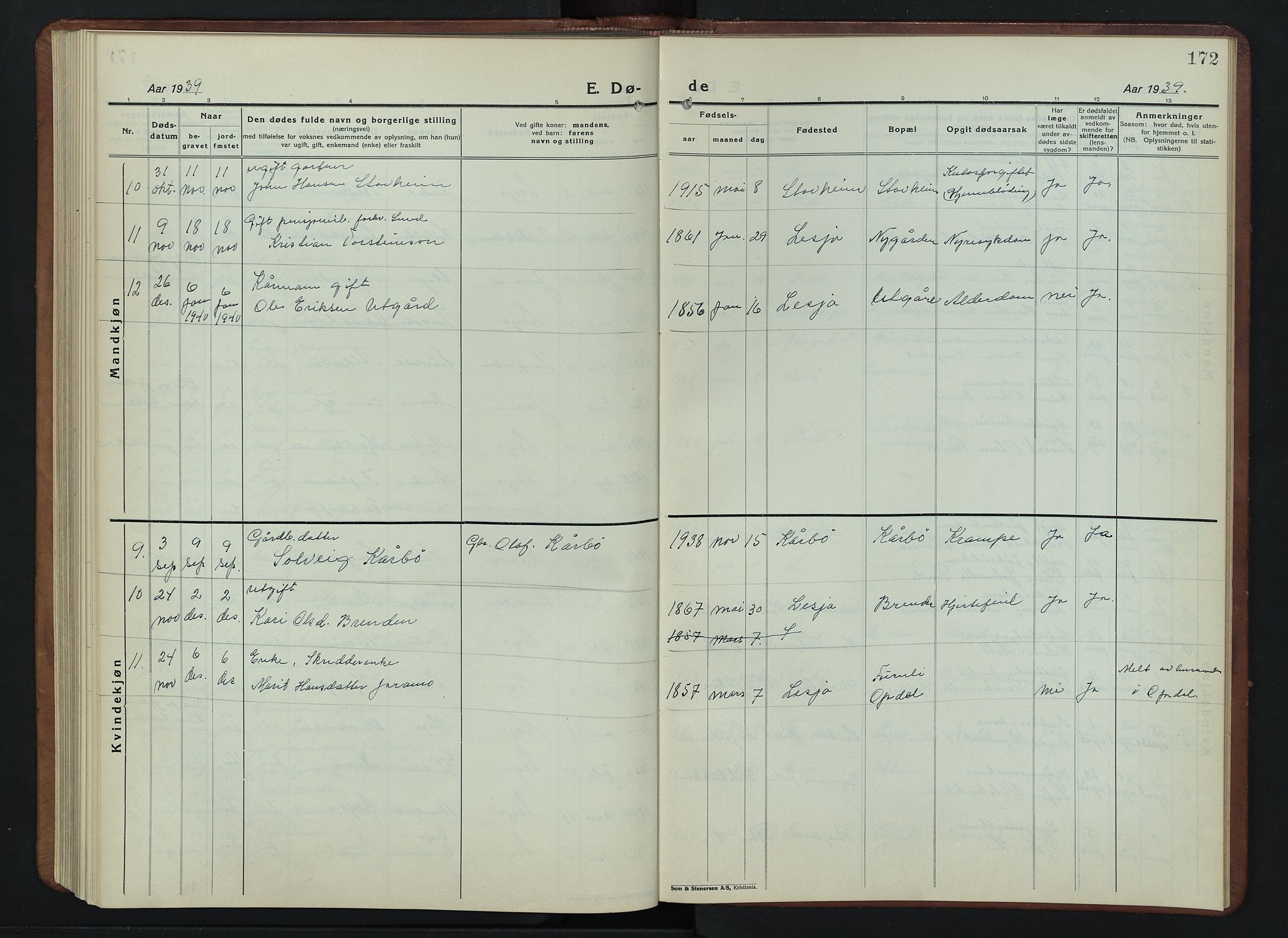 Lesja prestekontor, AV/SAH-PREST-068/H/Ha/Hab/L0009: Parish register (copy) no. 9, 1924-1947, p. 172