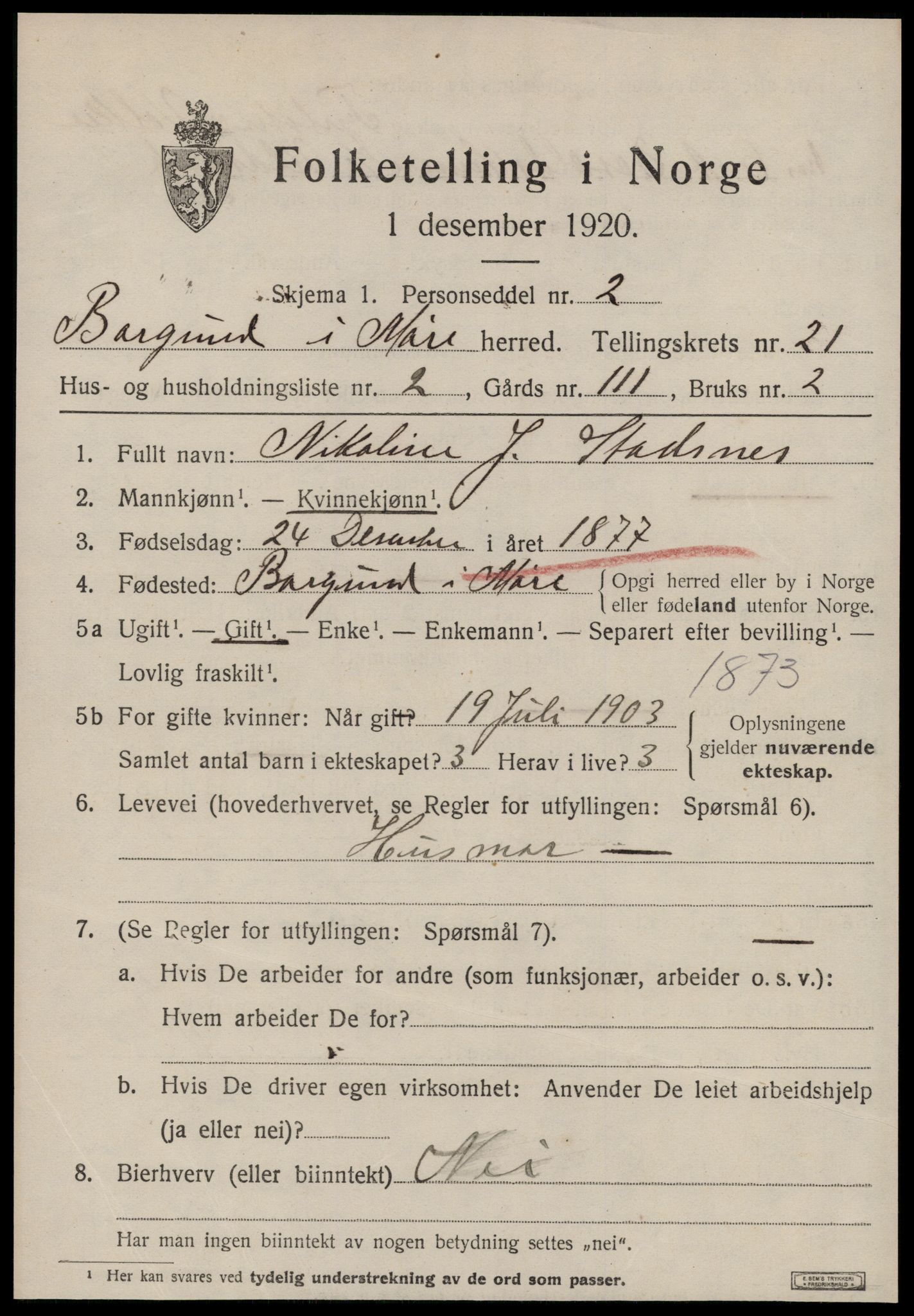 SAT, 1920 census for Borgund, 1920, p. 14310