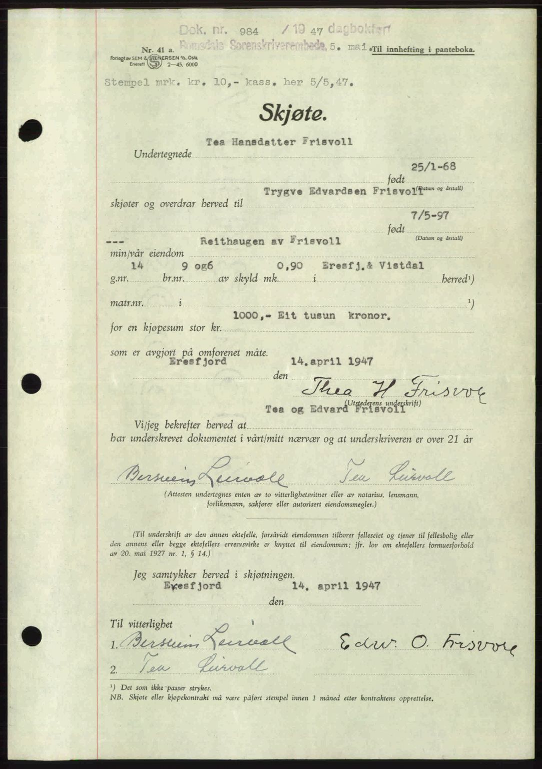 Romsdal sorenskriveri, AV/SAT-A-4149/1/2/2C: Mortgage book no. A22, 1947-1947, Diary no: : 984/1947