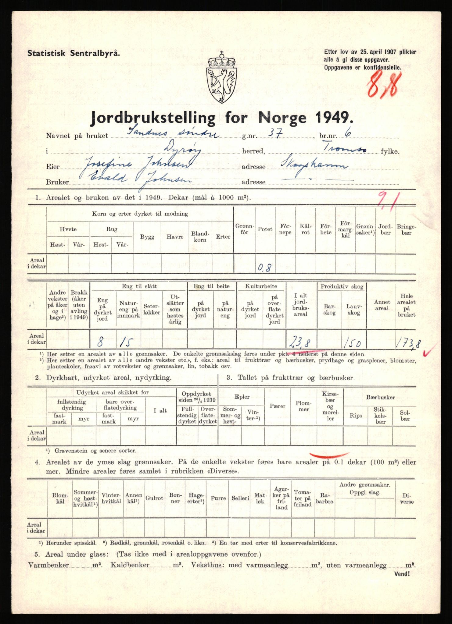 Statistisk sentralbyrå, Næringsøkonomiske emner, Jordbruk, skogbruk, jakt, fiske og fangst, AV/RA-S-2234/G/Gc/L0440: Troms: Sørreisa og Dyrøy, 1949, p. 1250
