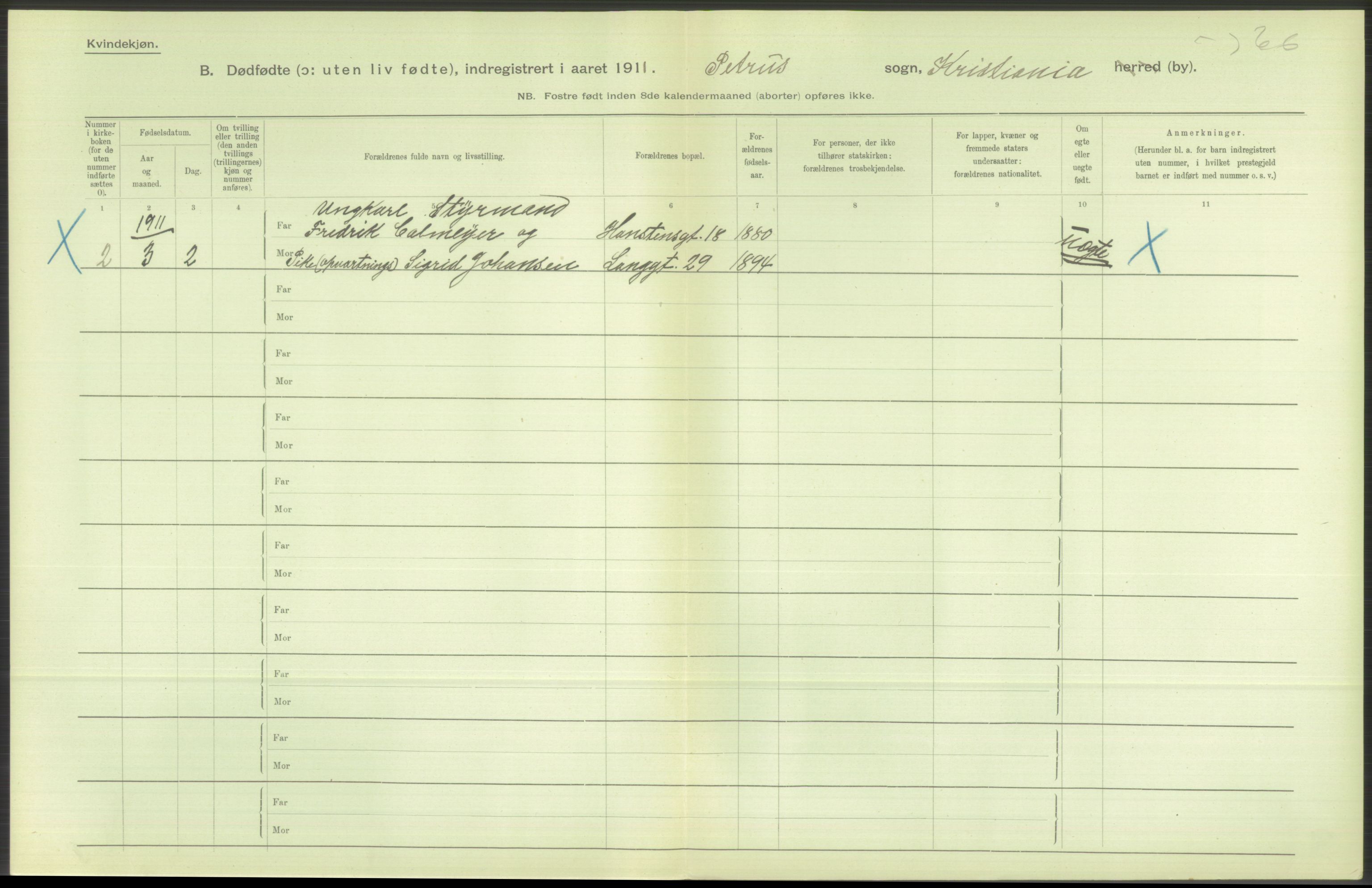 Statistisk sentralbyrå, Sosiodemografiske emner, Befolkning, AV/RA-S-2228/D/Df/Dfb/Dfba/L0010: Kristiania: Døde kvinner samt dødfødte., 1911, p. 132