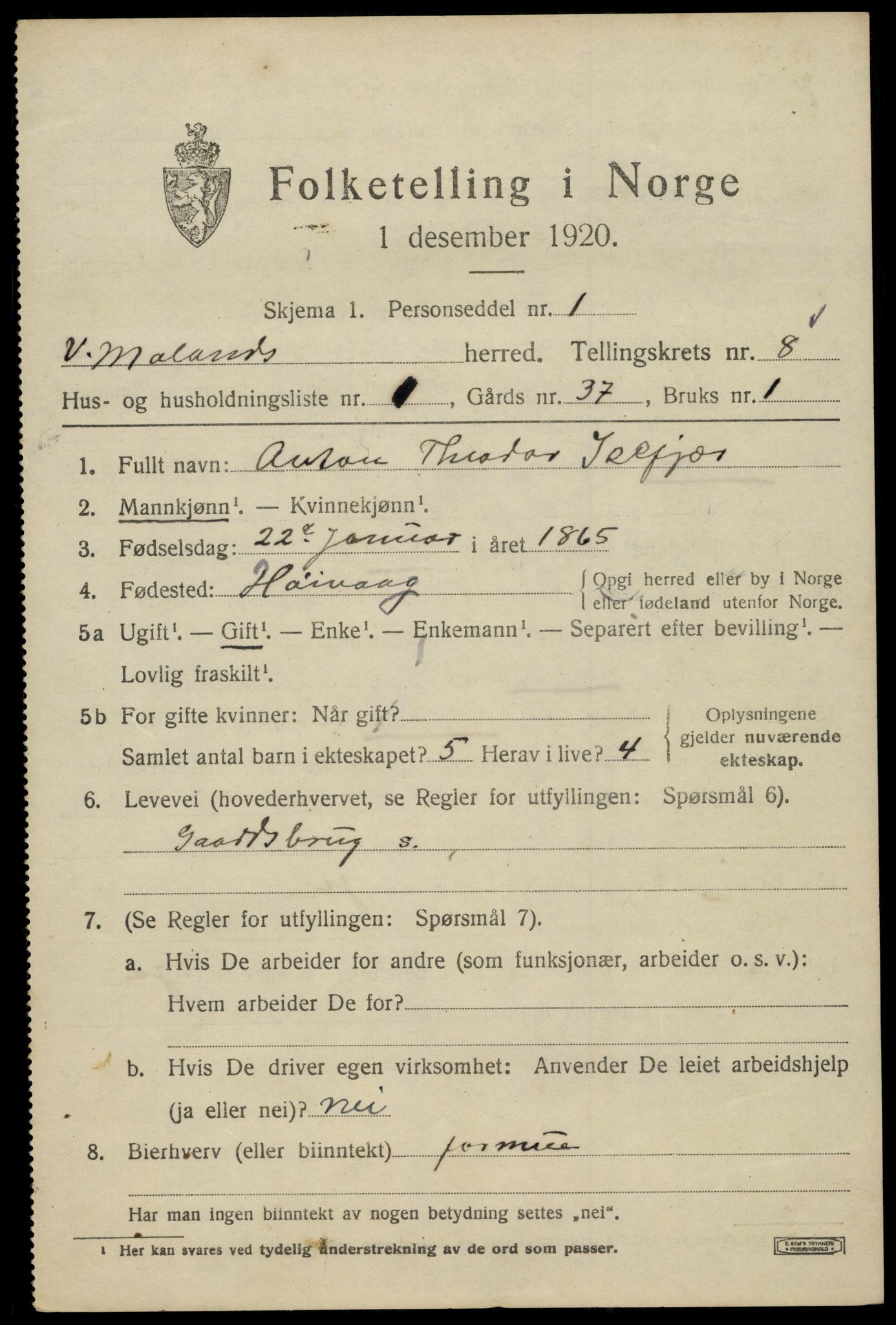 SAK, 1920 census for Vestre Moland, 1920, p. 5217