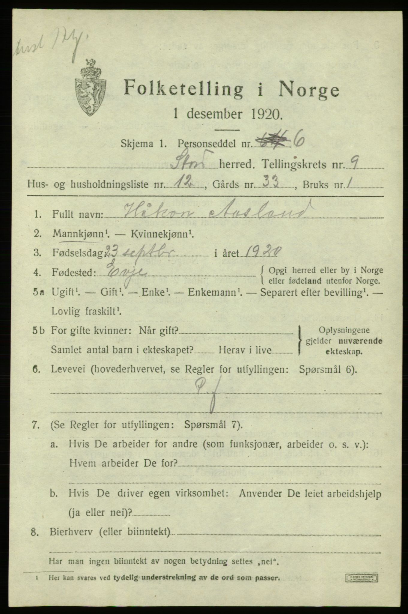 SAB, 1920 census for Stord, 1920, p. 4837