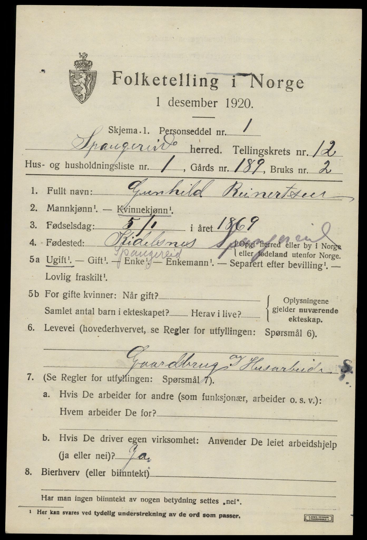 SAK, 1920 census for Spangereid, 1920, p. 3809