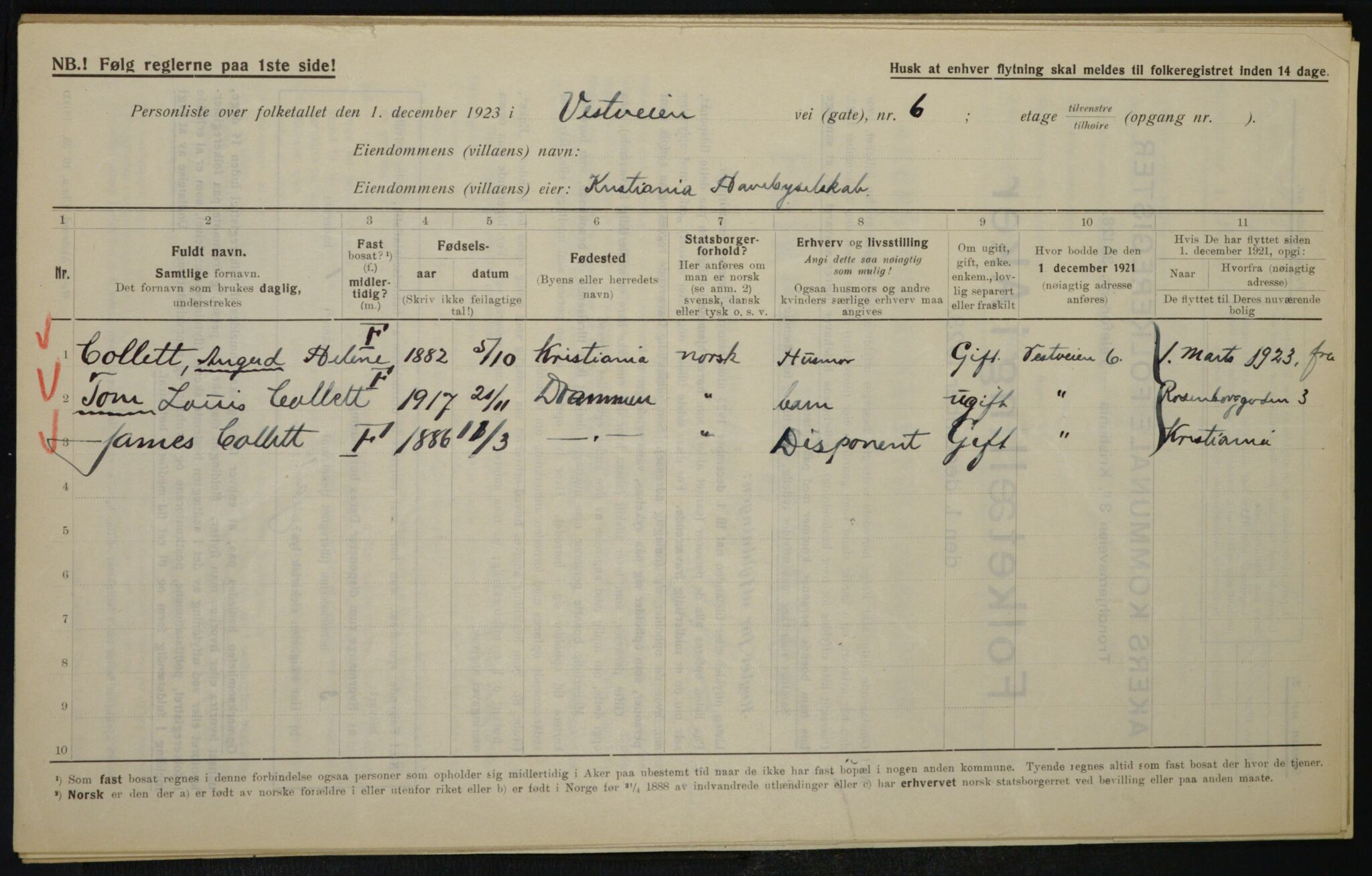 , Municipal Census 1923 for Aker, 1923, p. 21920