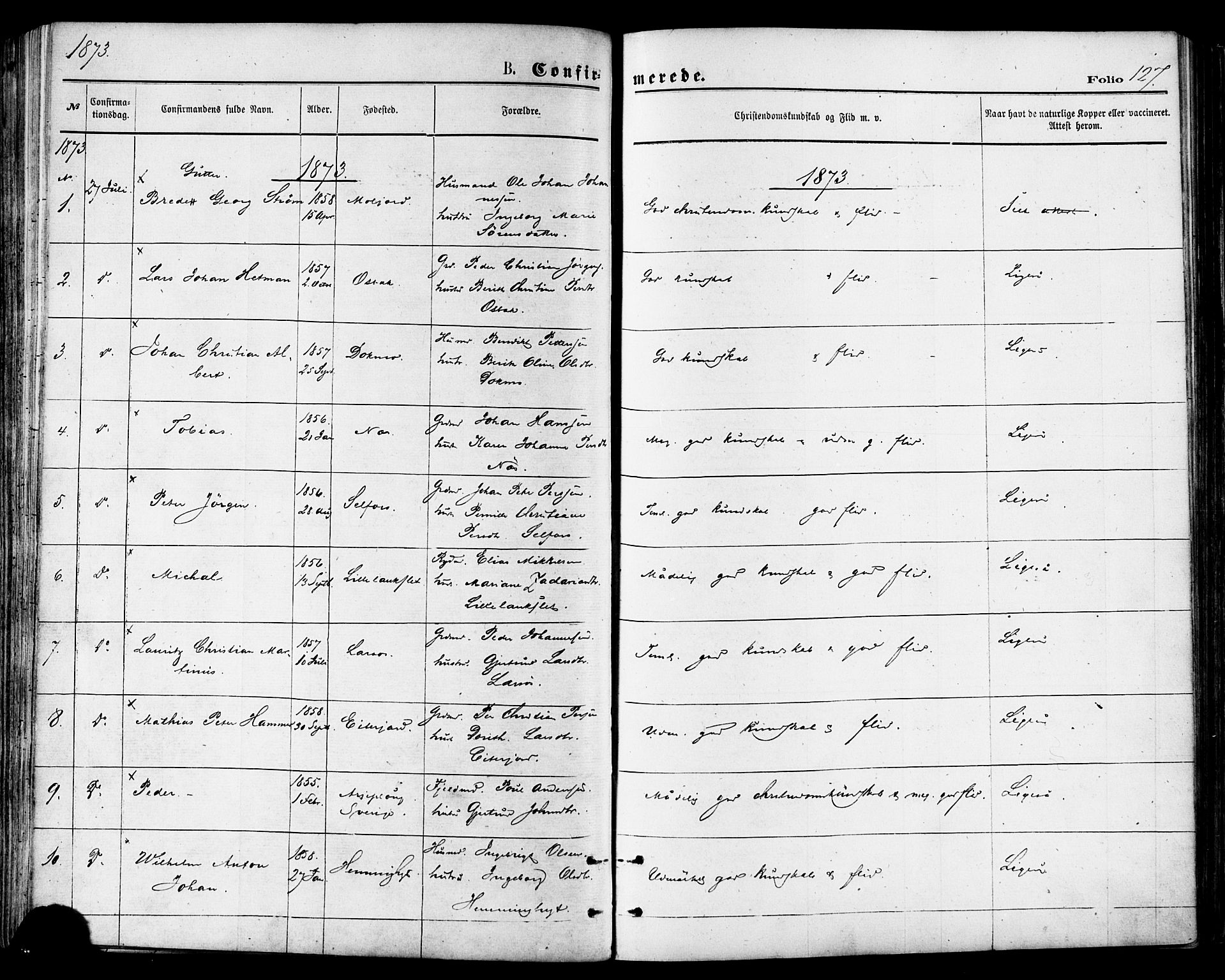 Ministerialprotokoller, klokkerbøker og fødselsregistre - Nordland, SAT/A-1459/846/L0645: Parish register (official) no. 846A03, 1872-1886, p. 127
