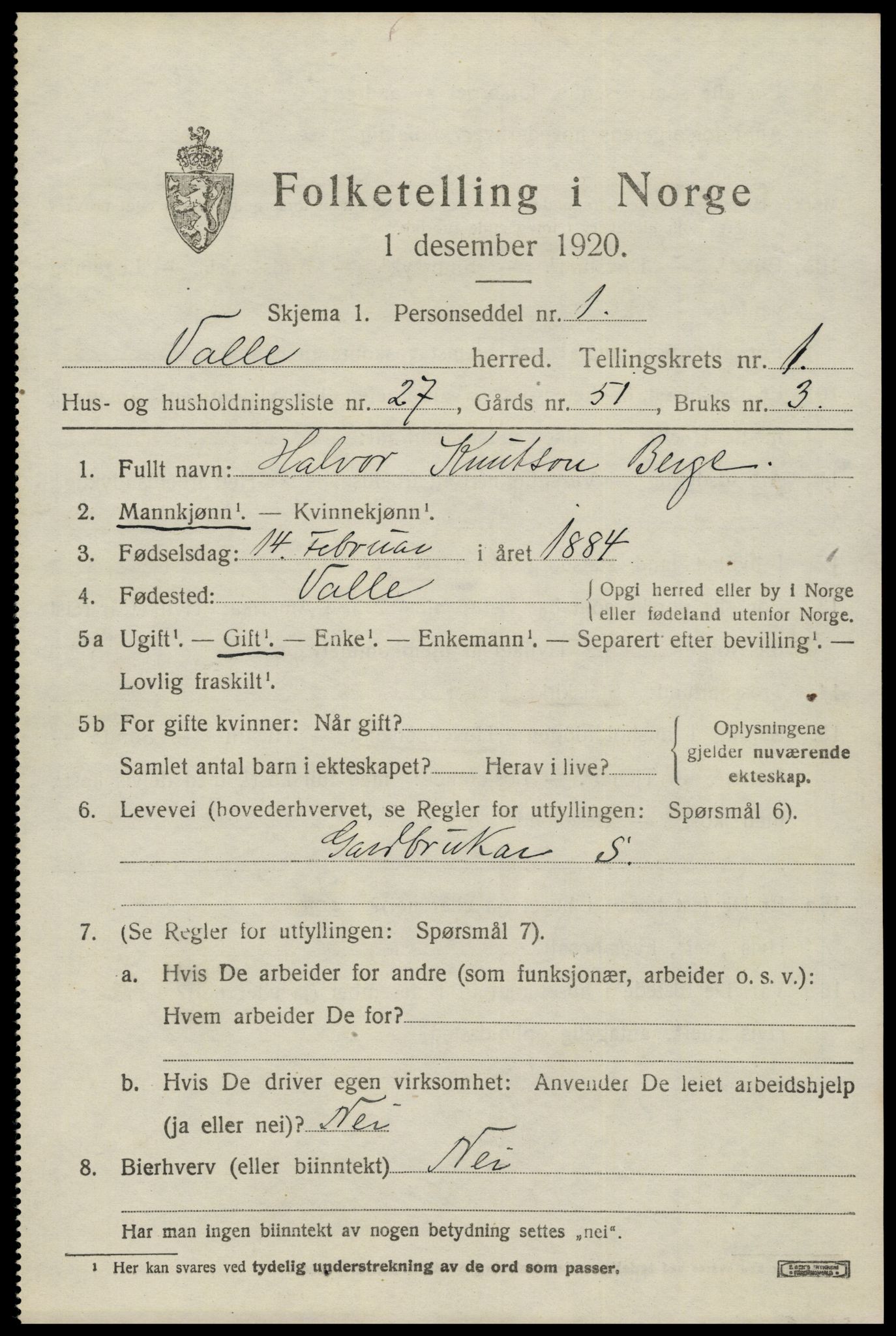 SAK, 1920 census for Valle, 1920, p. 751