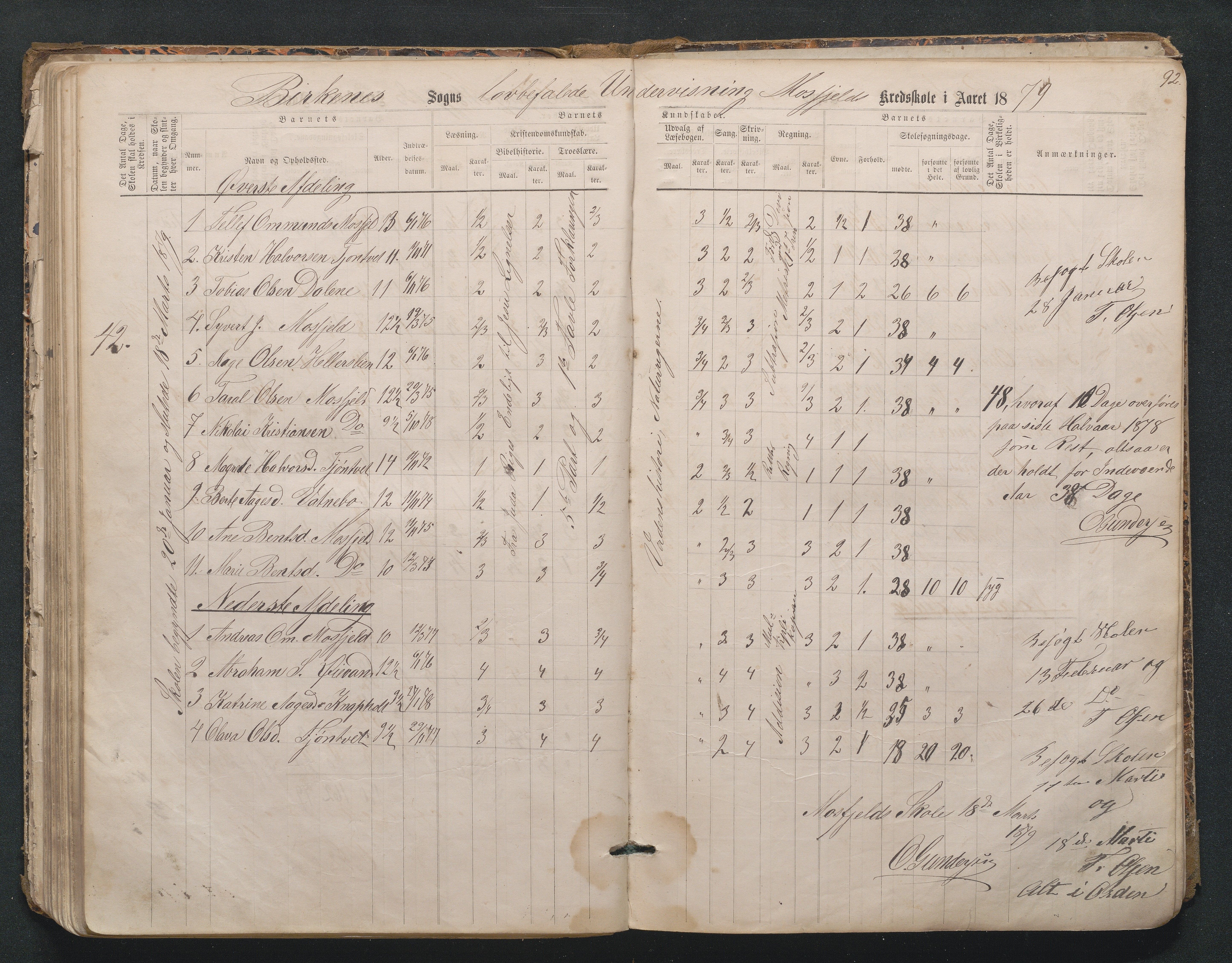 Birkenes kommune, Mosfjell skolekrets, AAKS/KA0928-550f_91/F02/L0001: Skoleprotokoll Flå og Mosfjell, 1867-1909, p. 92