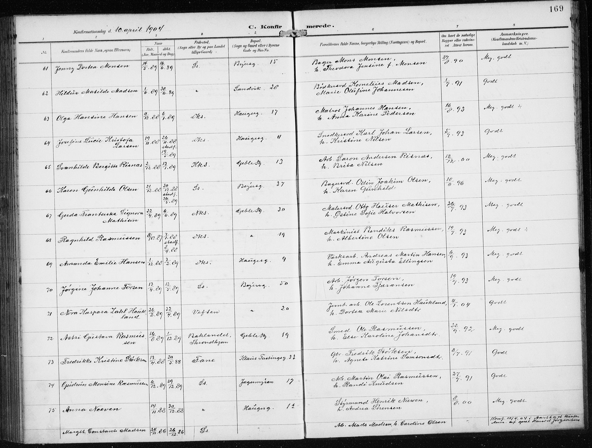 Sandviken Sokneprestembete, SAB/A-77601/H/Ha/L0010: Parish register (official) no. C 1, 1895-1905, p. 169