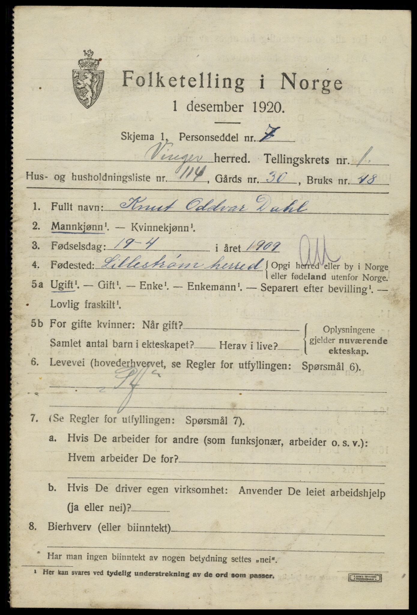 SAH, 1920 census for Vinger, 1920, p. 3220