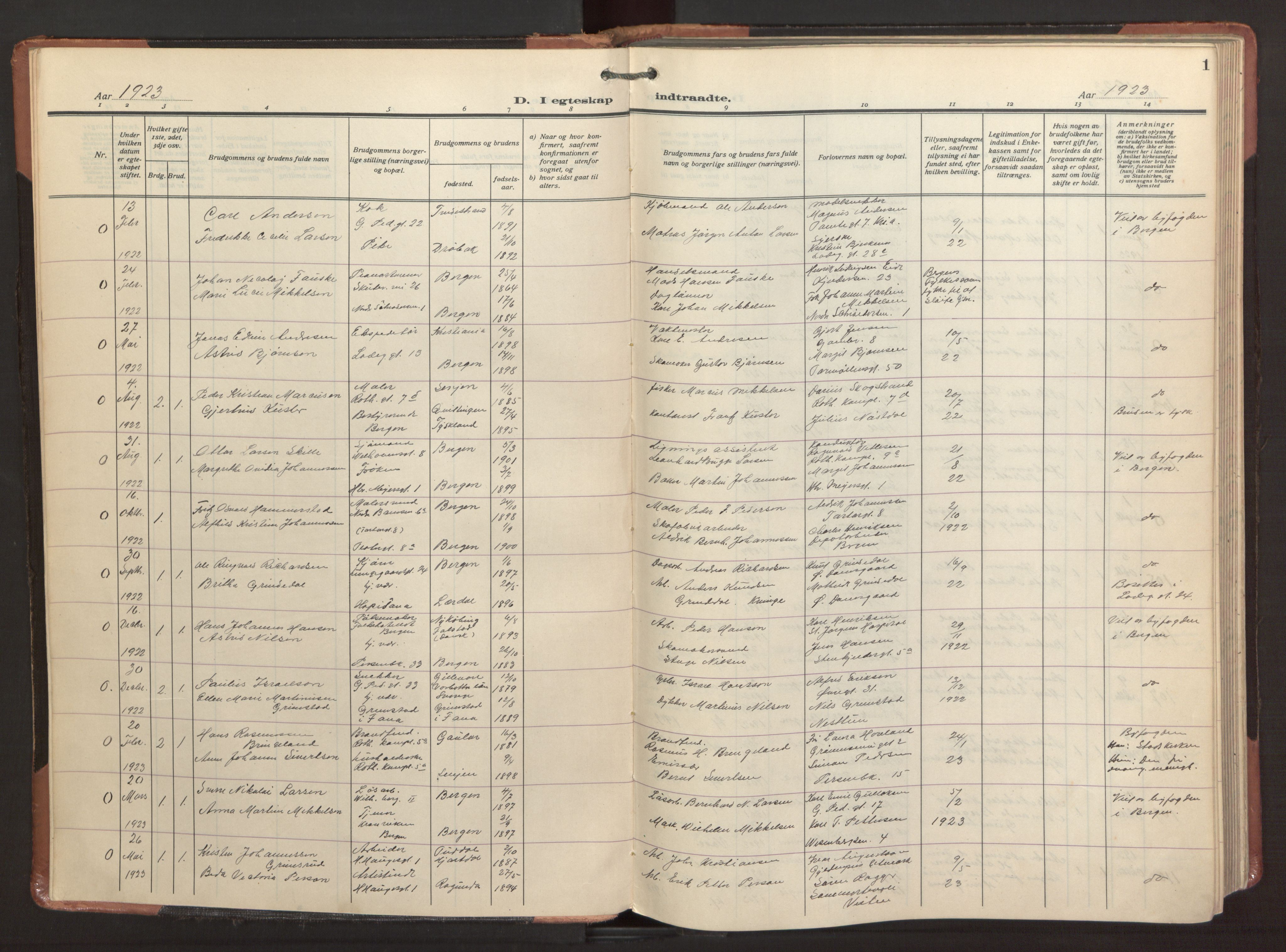 Sandviken Sokneprestembete, SAB/A-77601/H/Ha/L0016: Parish register (official) no. D 3, 1923-1940, p. 1