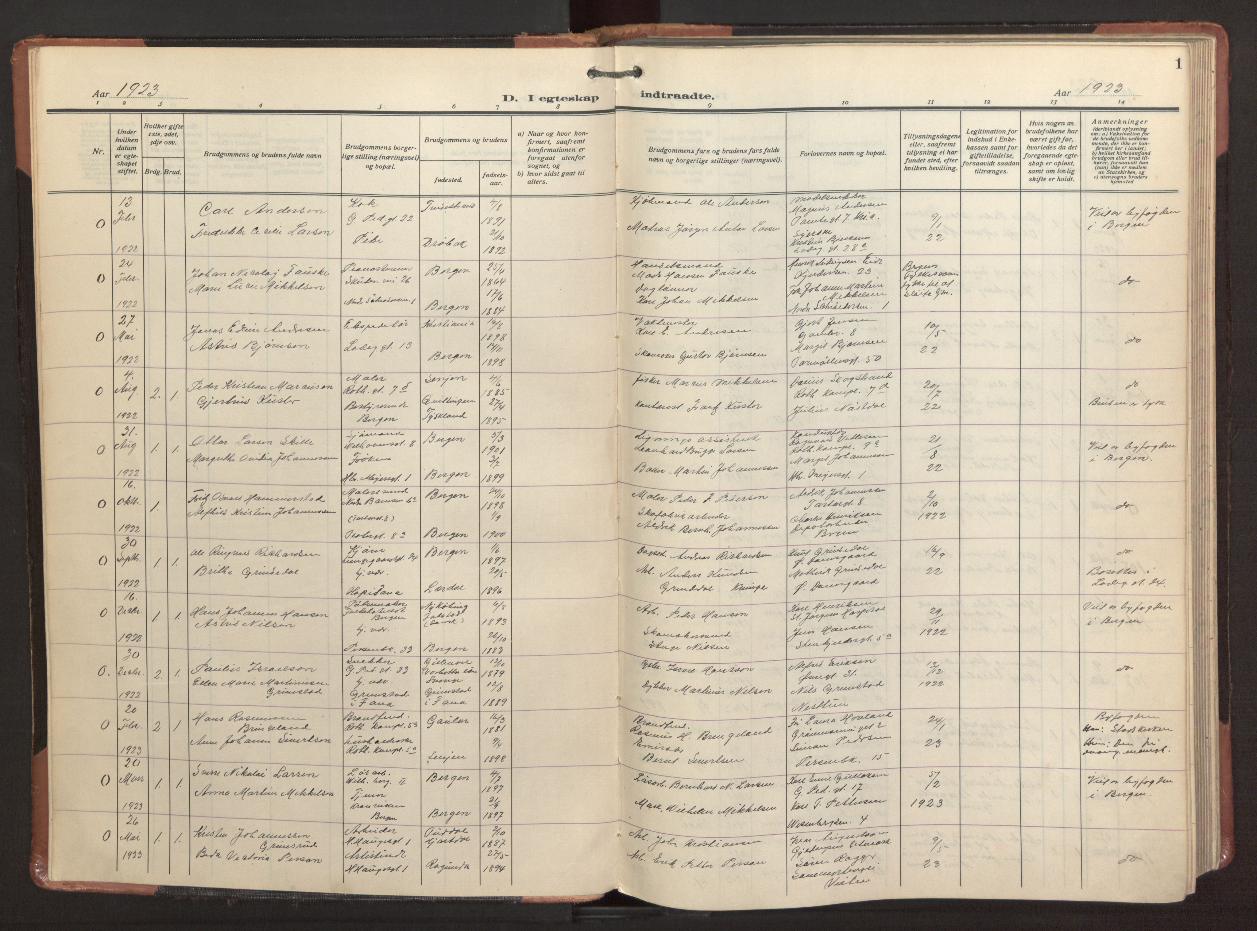 Sandviken Sokneprestembete, AV/SAB-A-77601/H/Ha/L0016: Parish register (official) no. D 3, 1923-1940, p. 1