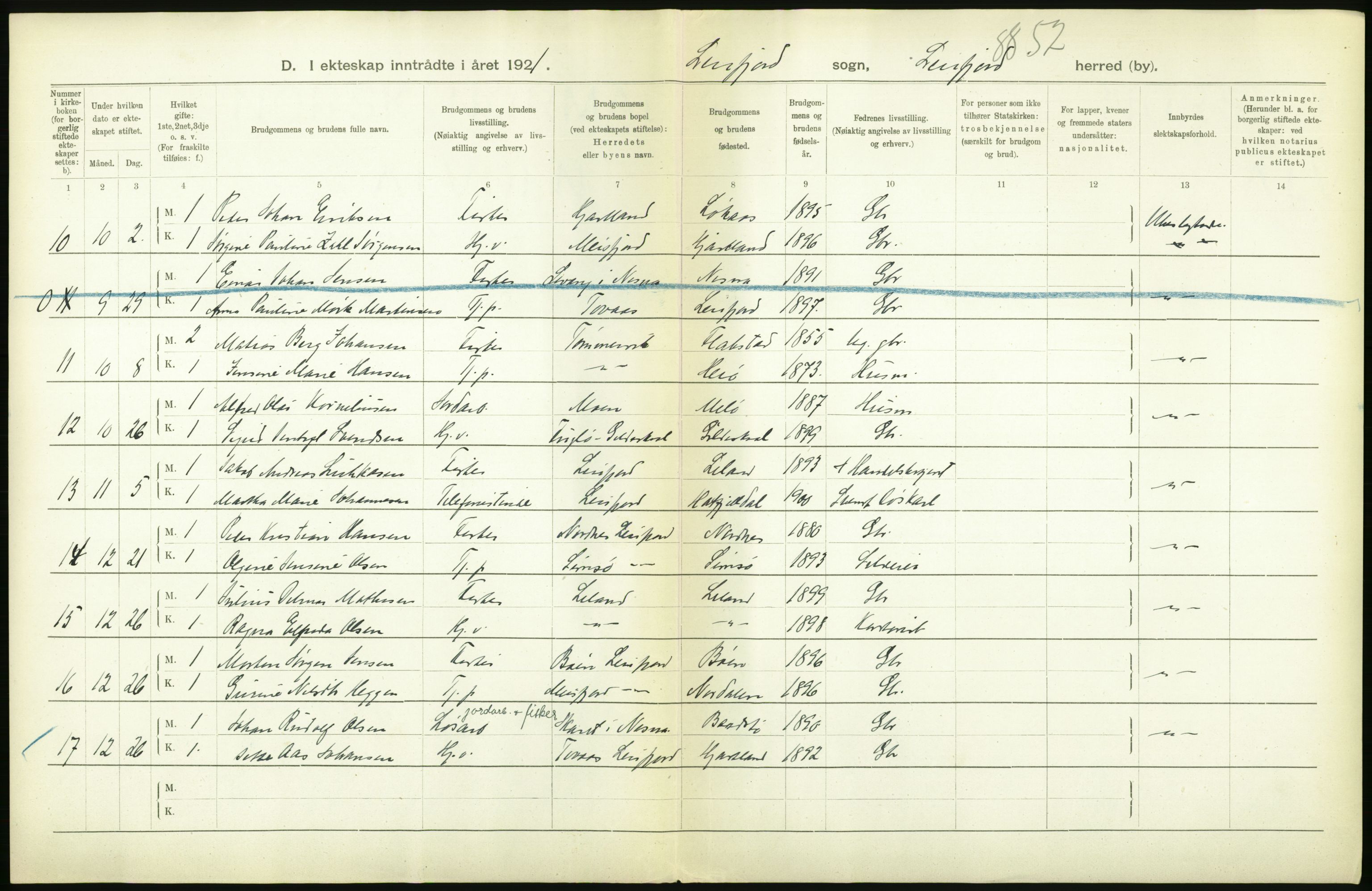 Statistisk sentralbyrå, Sosiodemografiske emner, Befolkning, RA/S-2228/D/Df/Dfc/Dfca/L0050: Nordland fylke: Levendefødte menn og kvinner. Byer. Samt gifte, dødfødte. Bygder og byer., 1921, p. 196