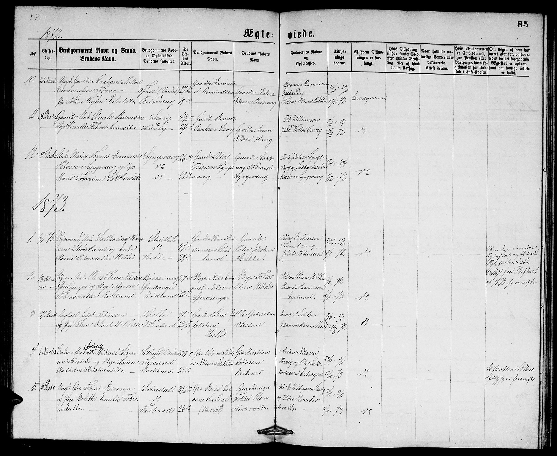 Herad sokneprestkontor, AV/SAK-1111-0018/F/Fb/Fbb/L0003: Parish register (copy) no. B 3, 1872-1889, p. 85