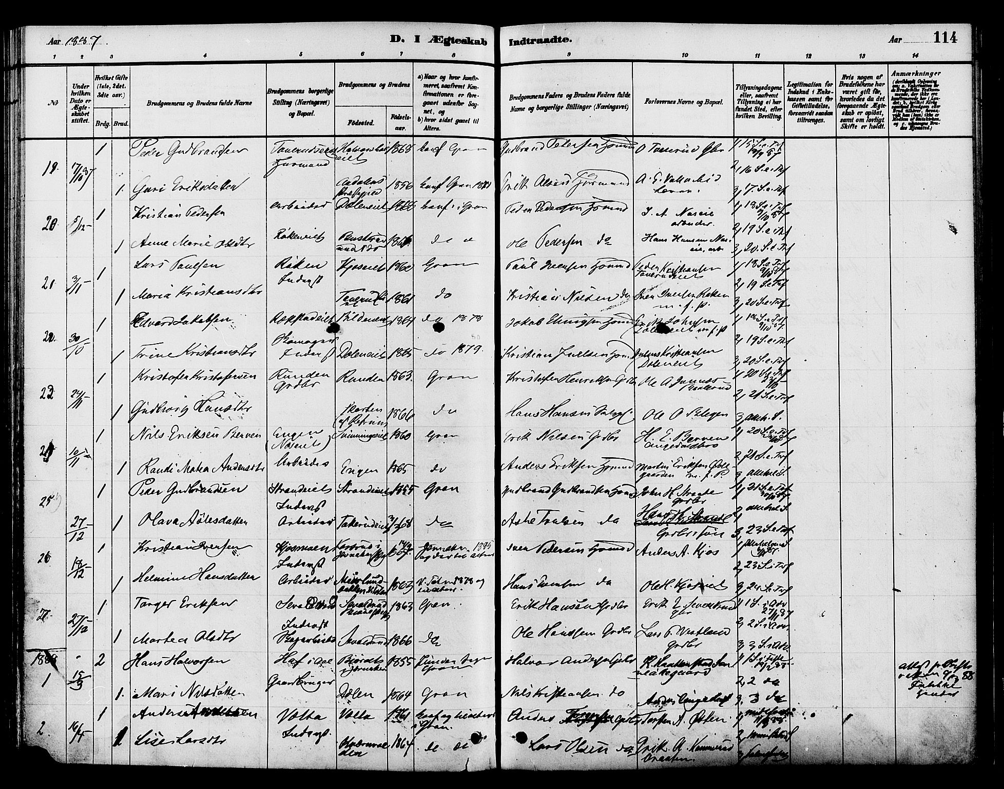 Gran prestekontor, SAH/PREST-112/H/Ha/Haa/L0015: Parish register (official) no. 15, 1880-1888, p. 114