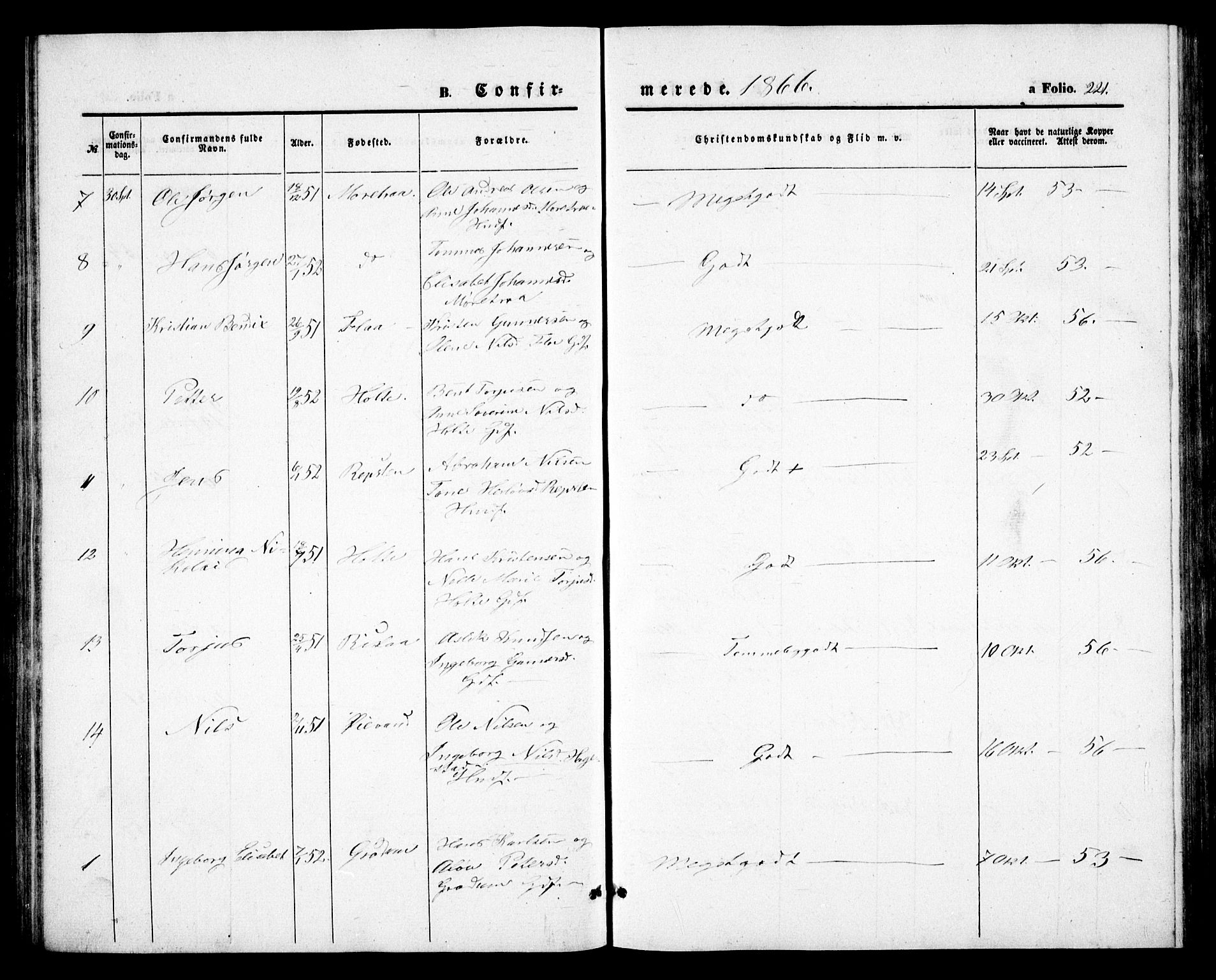 Birkenes sokneprestkontor, SAK/1111-0004/F/Fb/L0002: Parish register (copy) no. B 2, 1849-1876, p. 221