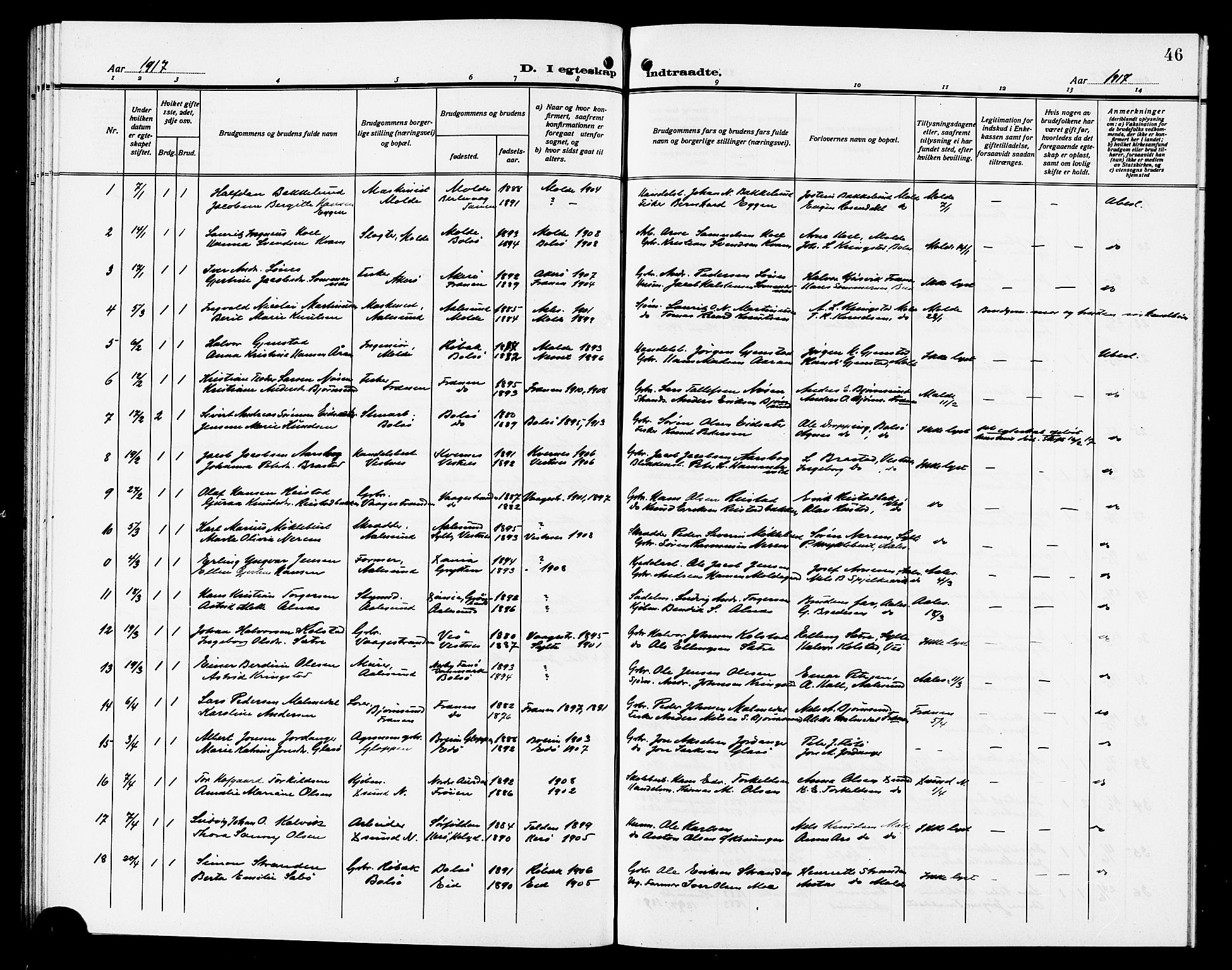 Ministerialprotokoller, klokkerbøker og fødselsregistre - Møre og Romsdal, SAT/A-1454/558/L0703: Parish register (copy) no. 558C04, 1906-1921, p. 46