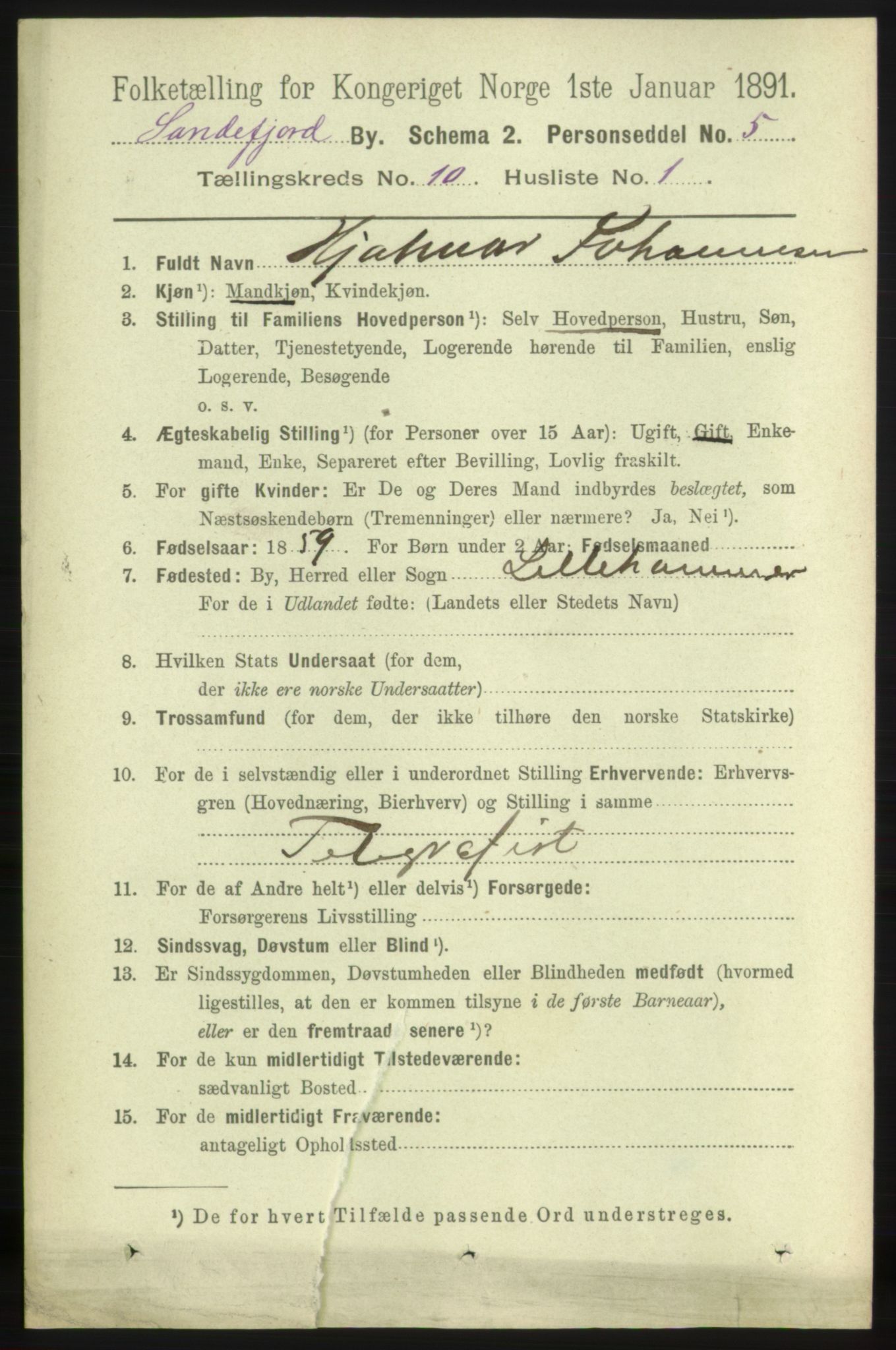 RA, 1891 census for 0706 Sandefjord, 1891, p. 3752