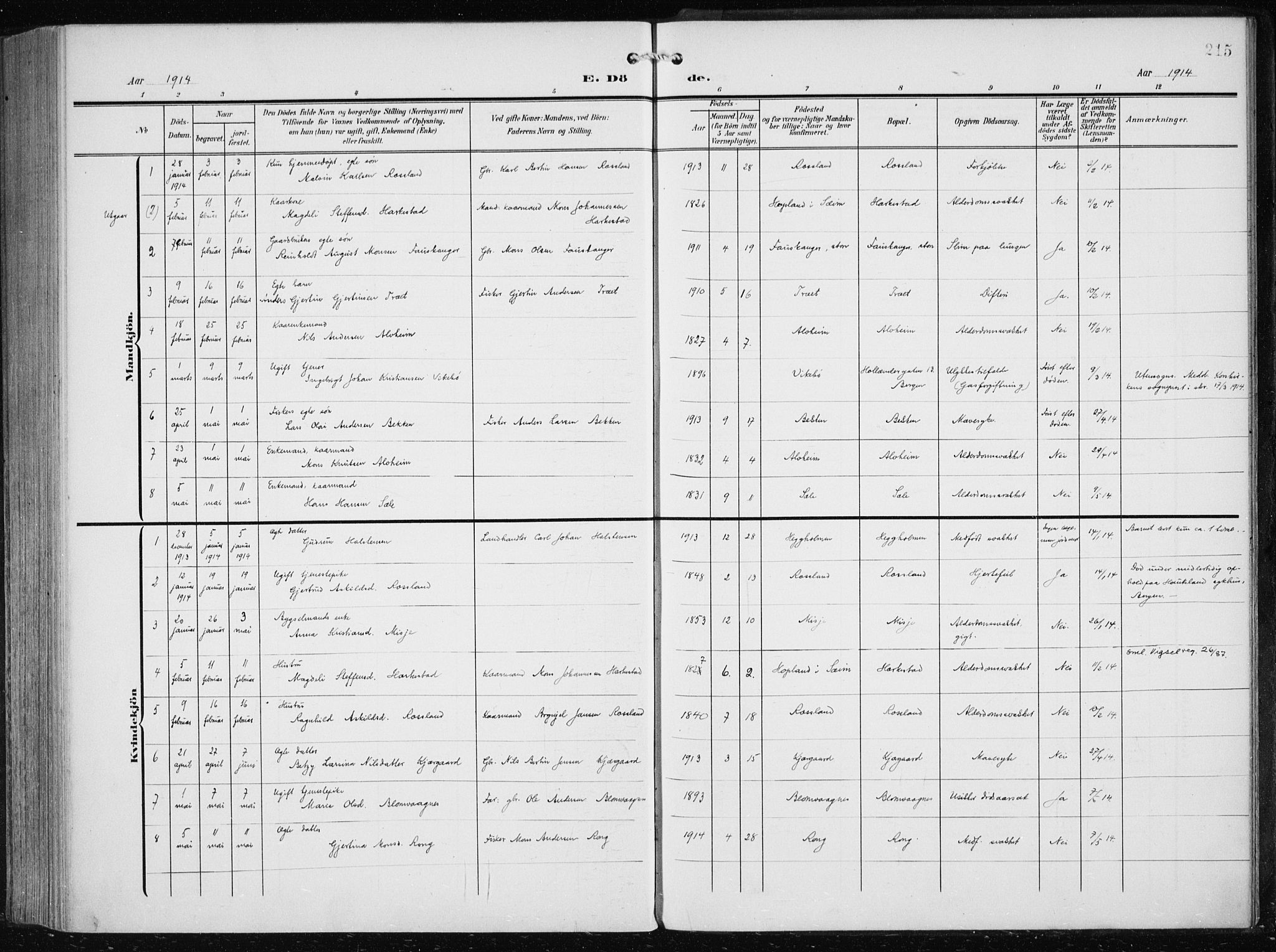 Herdla Sokneprestembete, AV/SAB-A-75701/H/Haa: Parish register (official) no. A 5, 1905-1918, p. 215