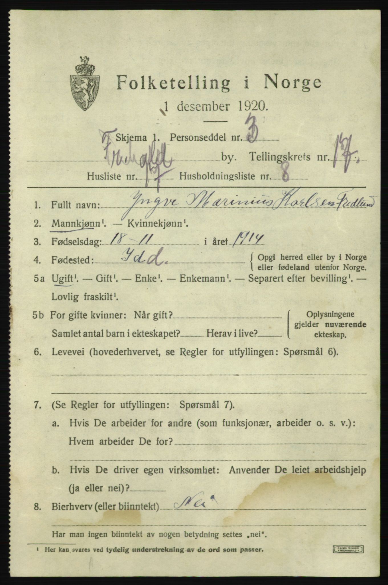 SAO, 1920 census for Fredrikshald, 1920, p. 26184