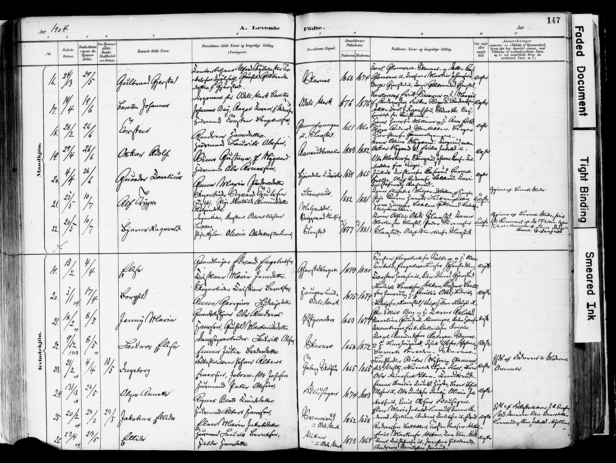 Sør-Odal prestekontor, SAH/PREST-030/H/Ha/Haa/L0006: Parish register (official) no. 6, 1886-1931, p. 147