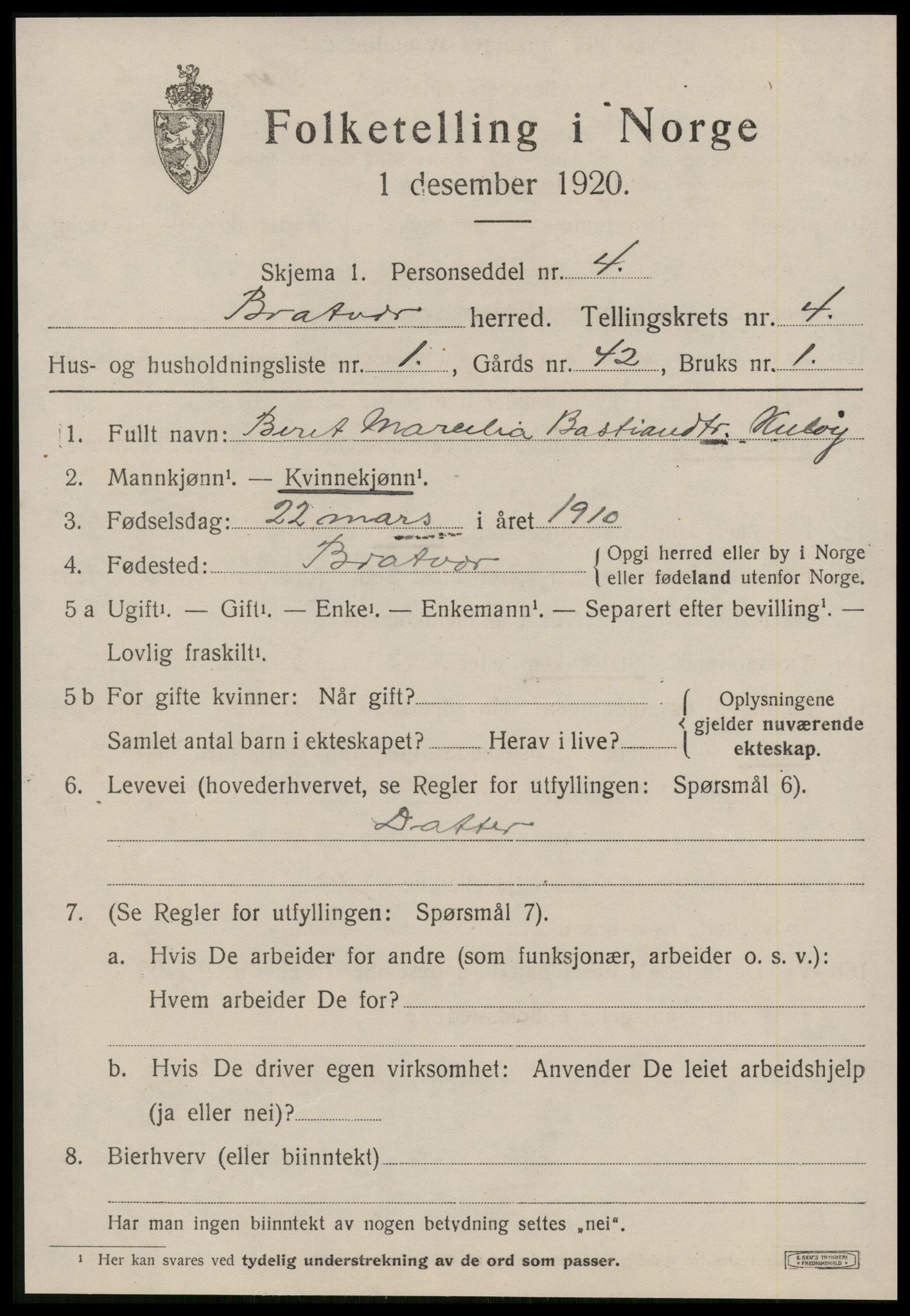 SAT, 1920 census for Brattvær, 1920, p. 1642