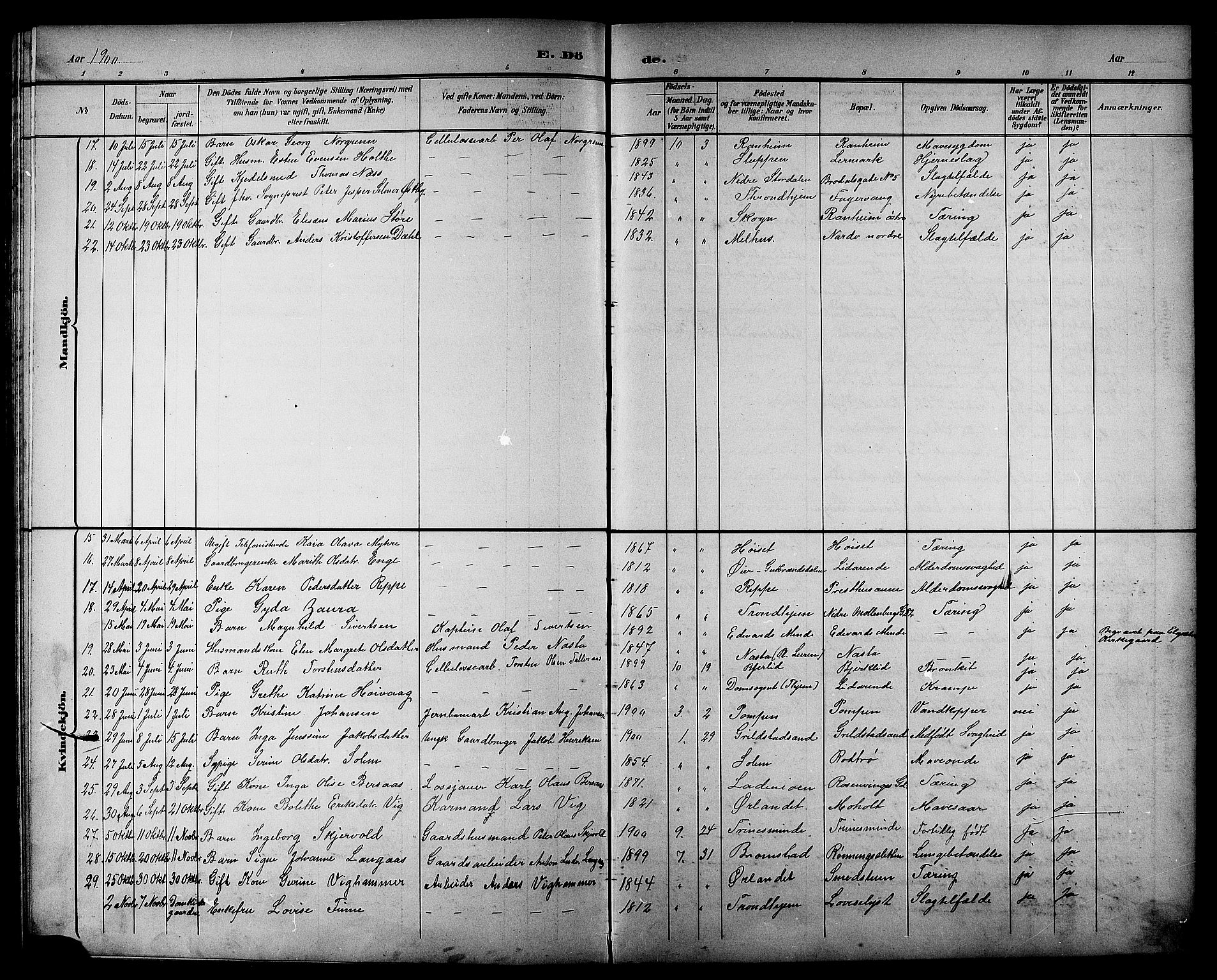 Ministerialprotokoller, klokkerbøker og fødselsregistre - Sør-Trøndelag, SAT/A-1456/606/L0313: Parish register (copy) no. 606C09, 1895-1910