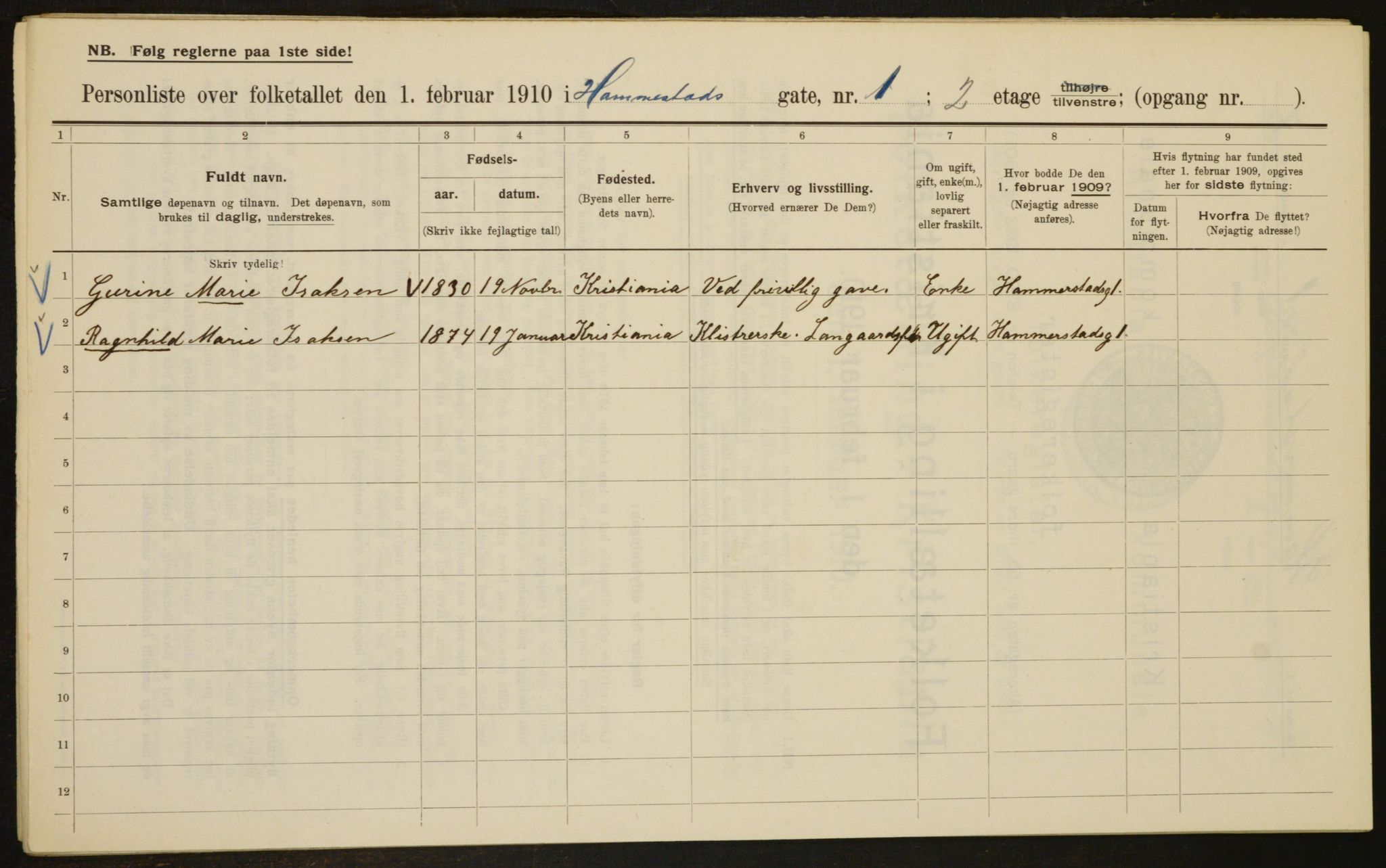 OBA, Municipal Census 1910 for Kristiania, 1910, p. 32374