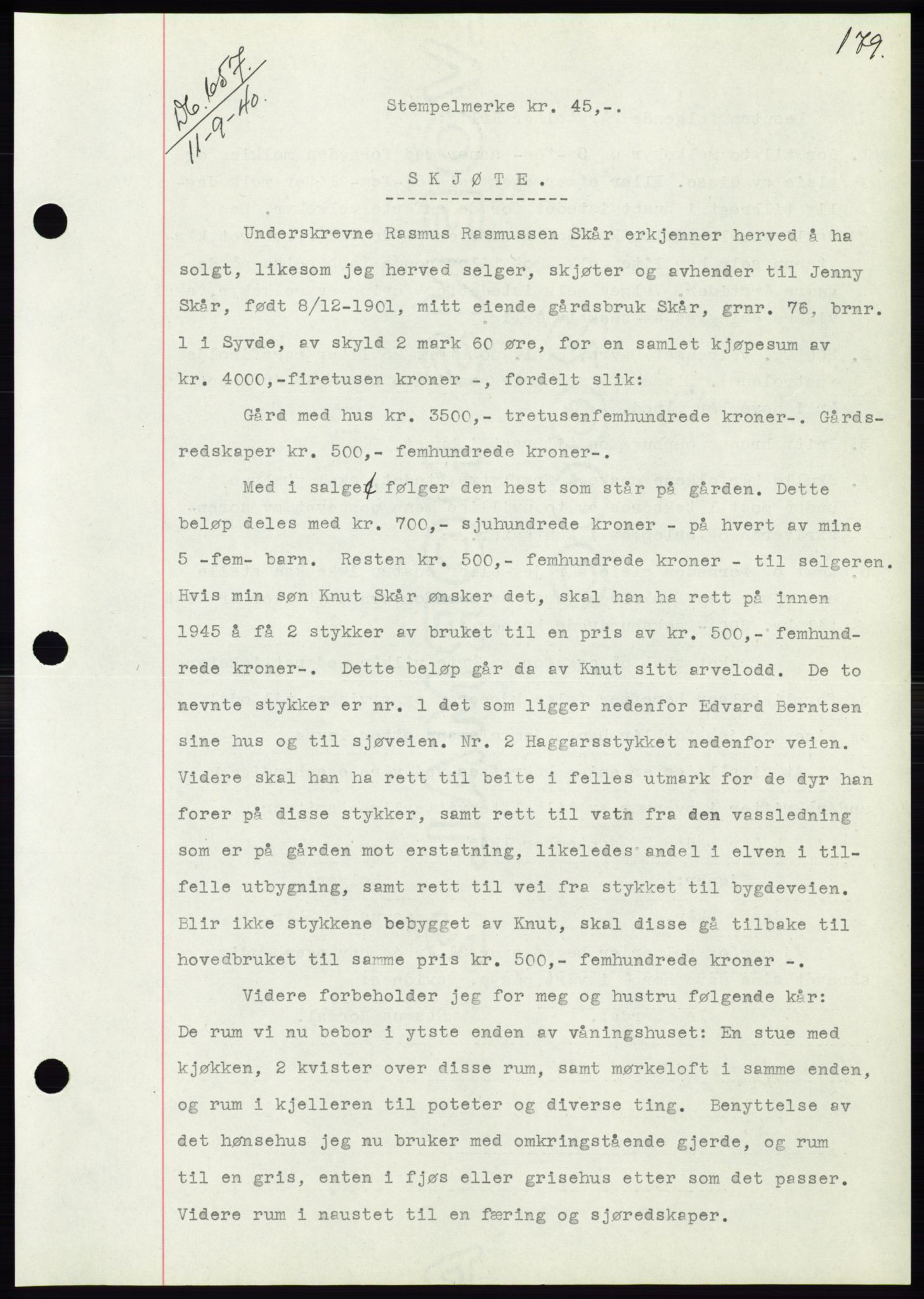 Søre Sunnmøre sorenskriveri, AV/SAT-A-4122/1/2/2C/L0070: Mortgage book no. 64, 1940-1941, Diary no: : 657/1940