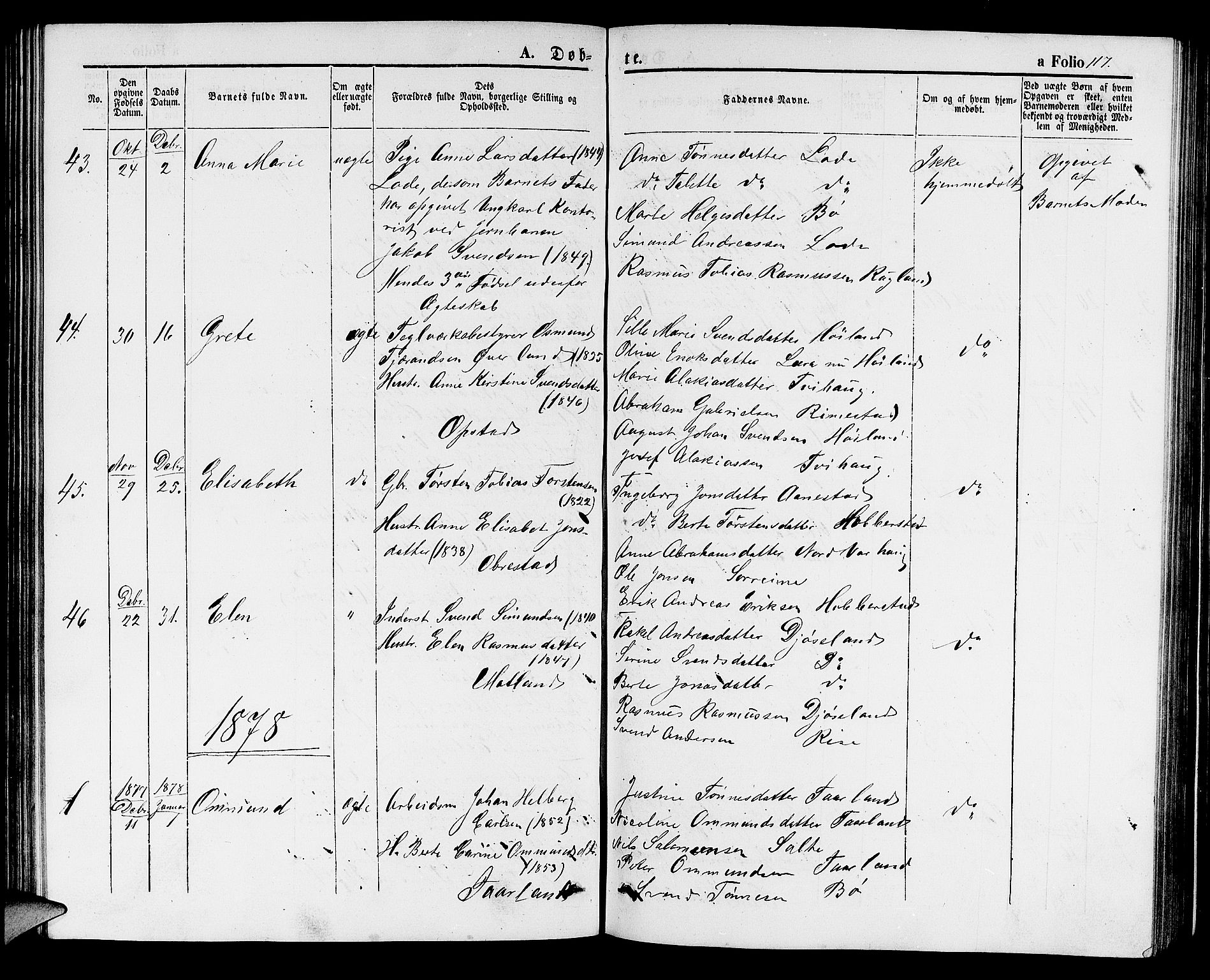 Hå sokneprestkontor, AV/SAST-A-101801/001/30BB/L0001: Parish register (copy) no. B 1, 1854-1883, p. 117