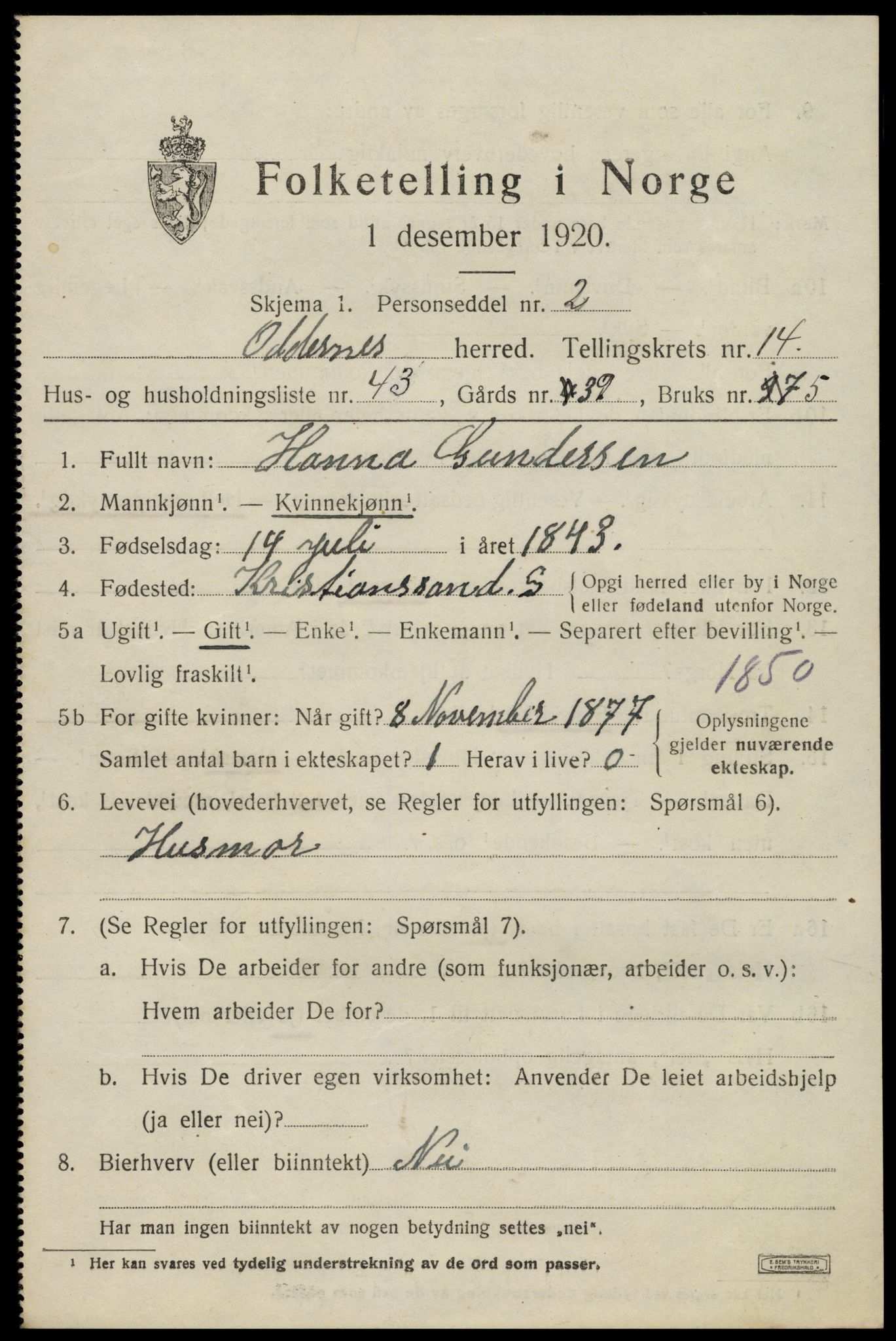 SAK, 1920 census for Oddernes, 1920, p. 8959