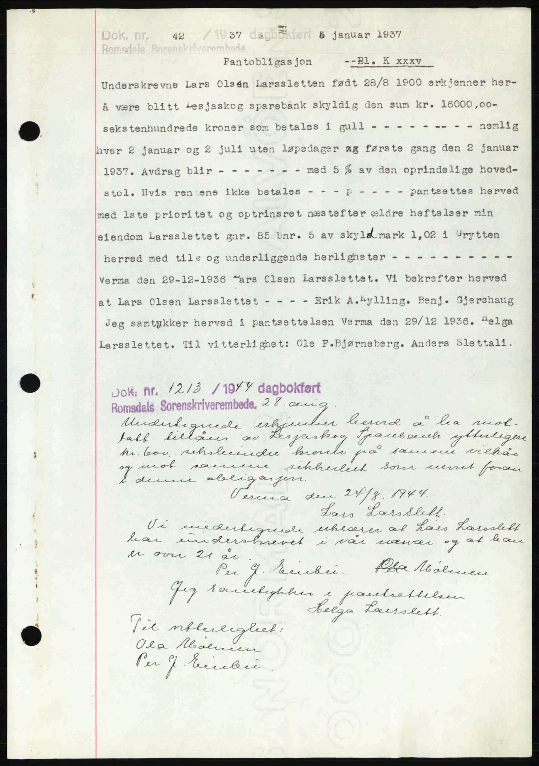 Romsdal sorenskriveri, SAT/A-4149/1/2/2C: Pantebok nr. B1, 1936-1939, Dagboknr: 42/1937