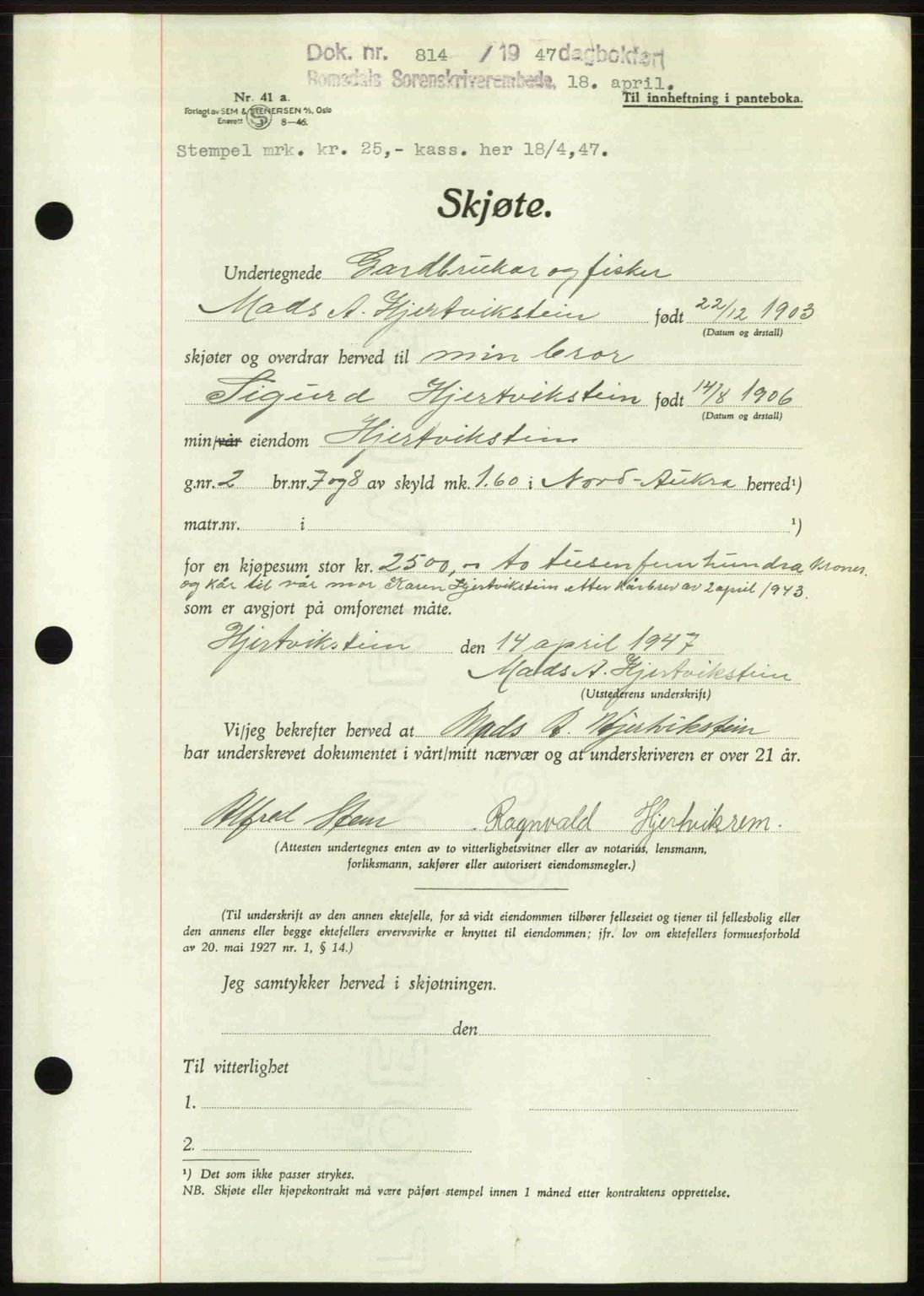 Romsdal sorenskriveri, SAT/A-4149/1/2/2C: Pantebok nr. A22, 1947-1947, Dagboknr: 814/1947