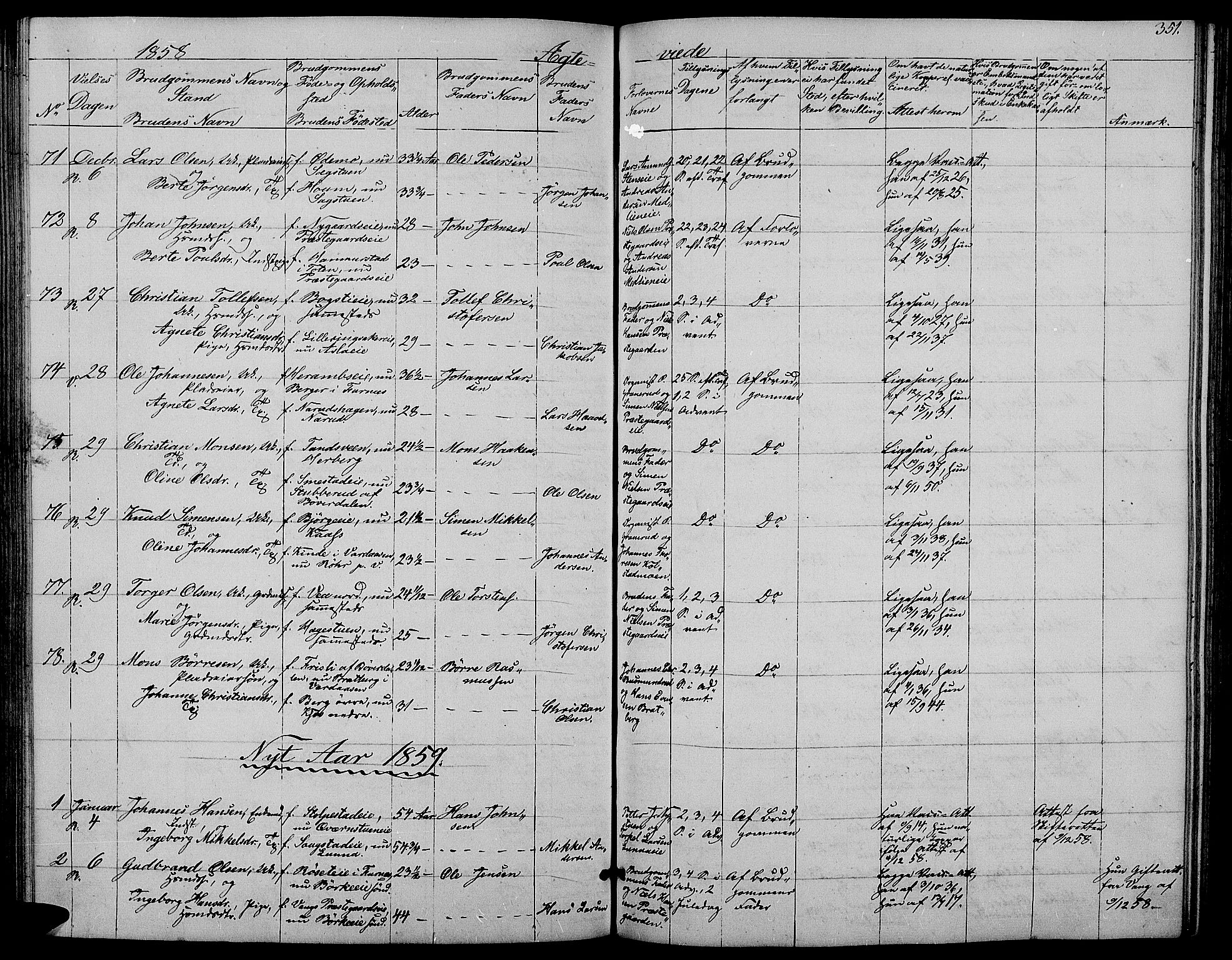 Ringsaker prestekontor, AV/SAH-PREST-014/L/La/L0006: Klokkerbok nr. 6, 1851-1860, s. 351