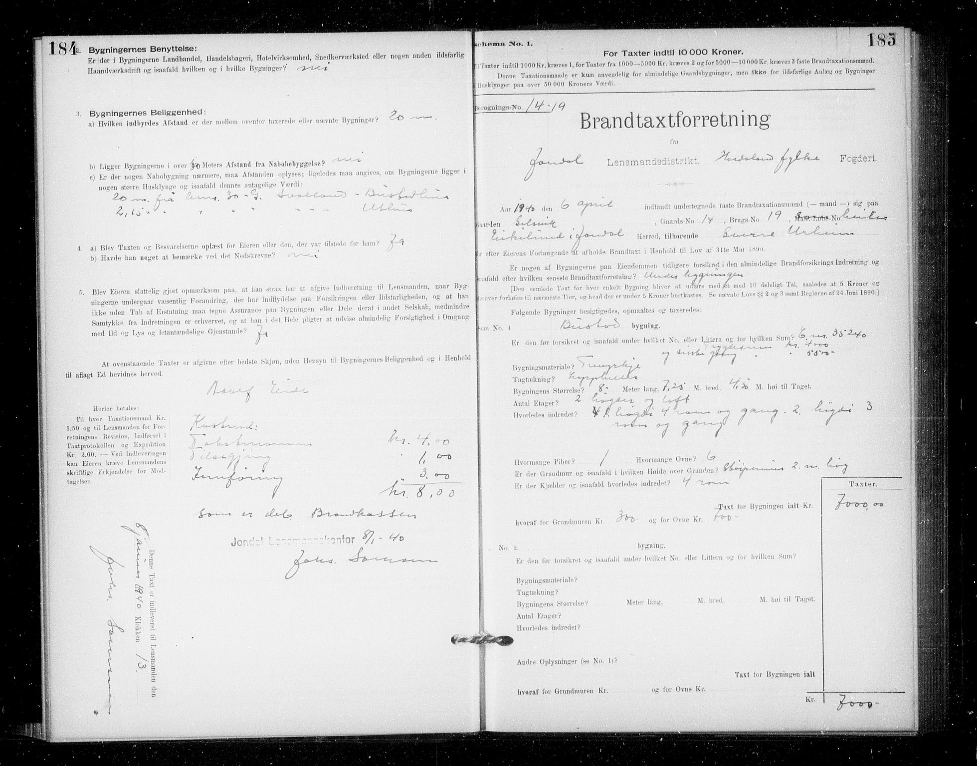 Lensmannen i Jondal, SAB/A-33101/0012/L0005: Branntakstprotokoll, skjematakst, 1894-1951, s. 184-185